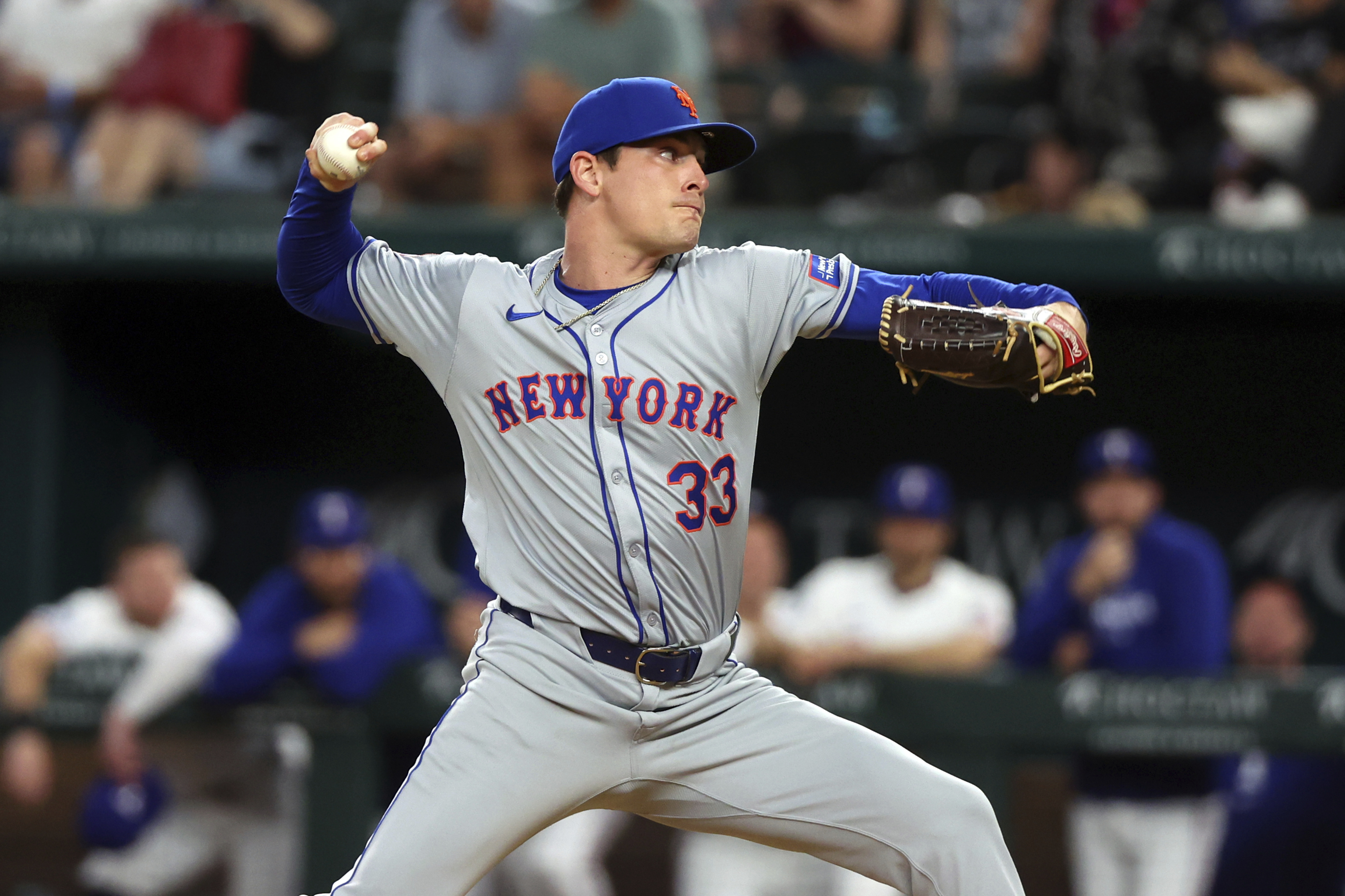 FILE - New York Mets relief pitcher Drew Smith delivers in the ninth inning of a baseball game against the Texas Rangers, Monday, June 17, 2024, in Arlington, Texas.