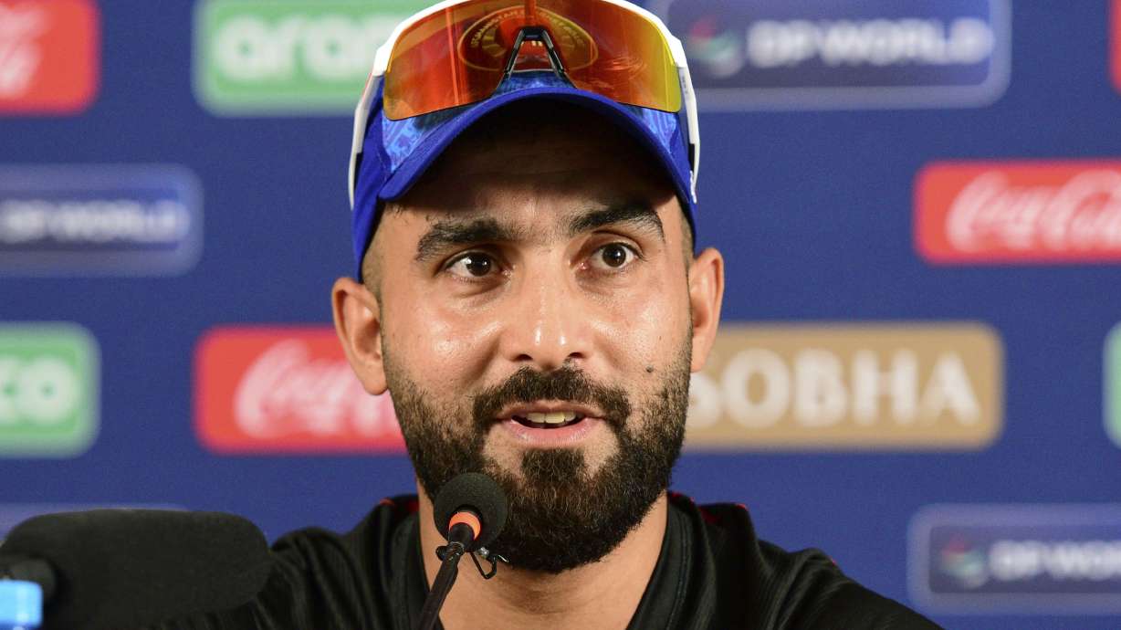 Afghanistan captain Hashmatullah Shahidi speaks during a press conference about their ICC Champions Trophy cricket match against South Africa, in Karachi, Pakistan Thursday, Feb. 20, 2025.