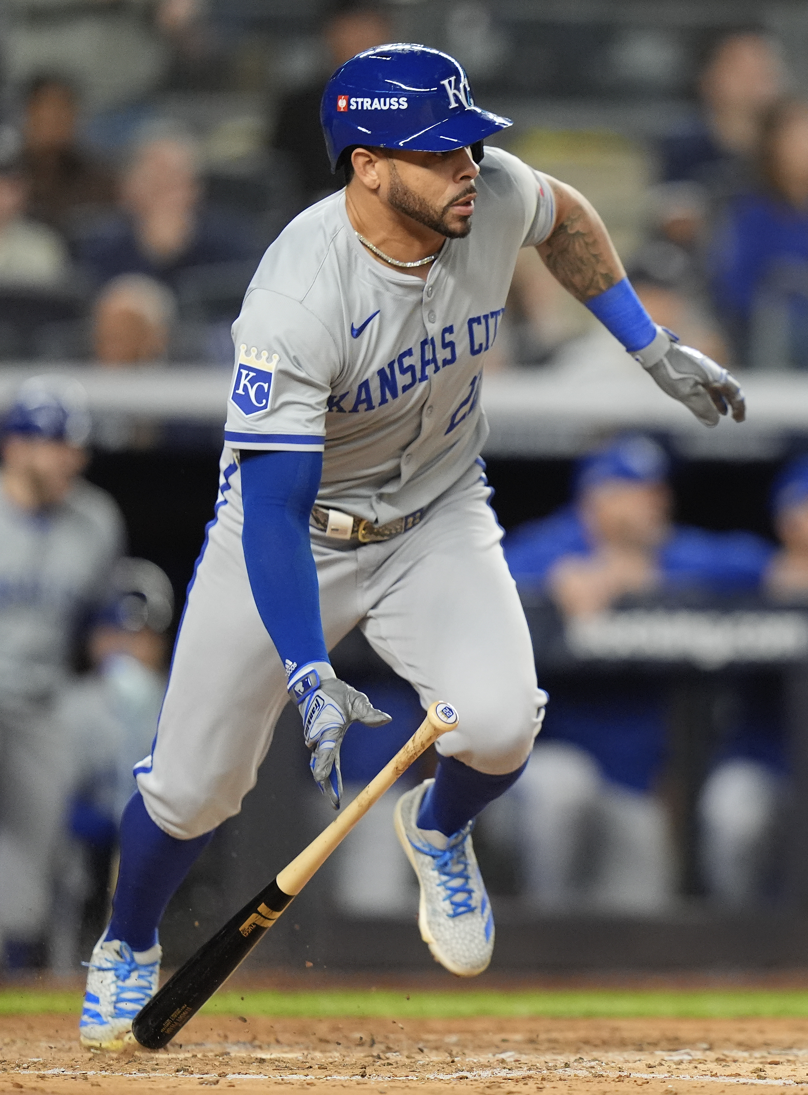 FILE - Kansas City Royals outfielder Tommy Pham (22) heads for first base on an RBI single against the New York Yankees during the fourth inning of Game 2 of the American League baseball playoff series, Oct. 7, 2024, in New York. 