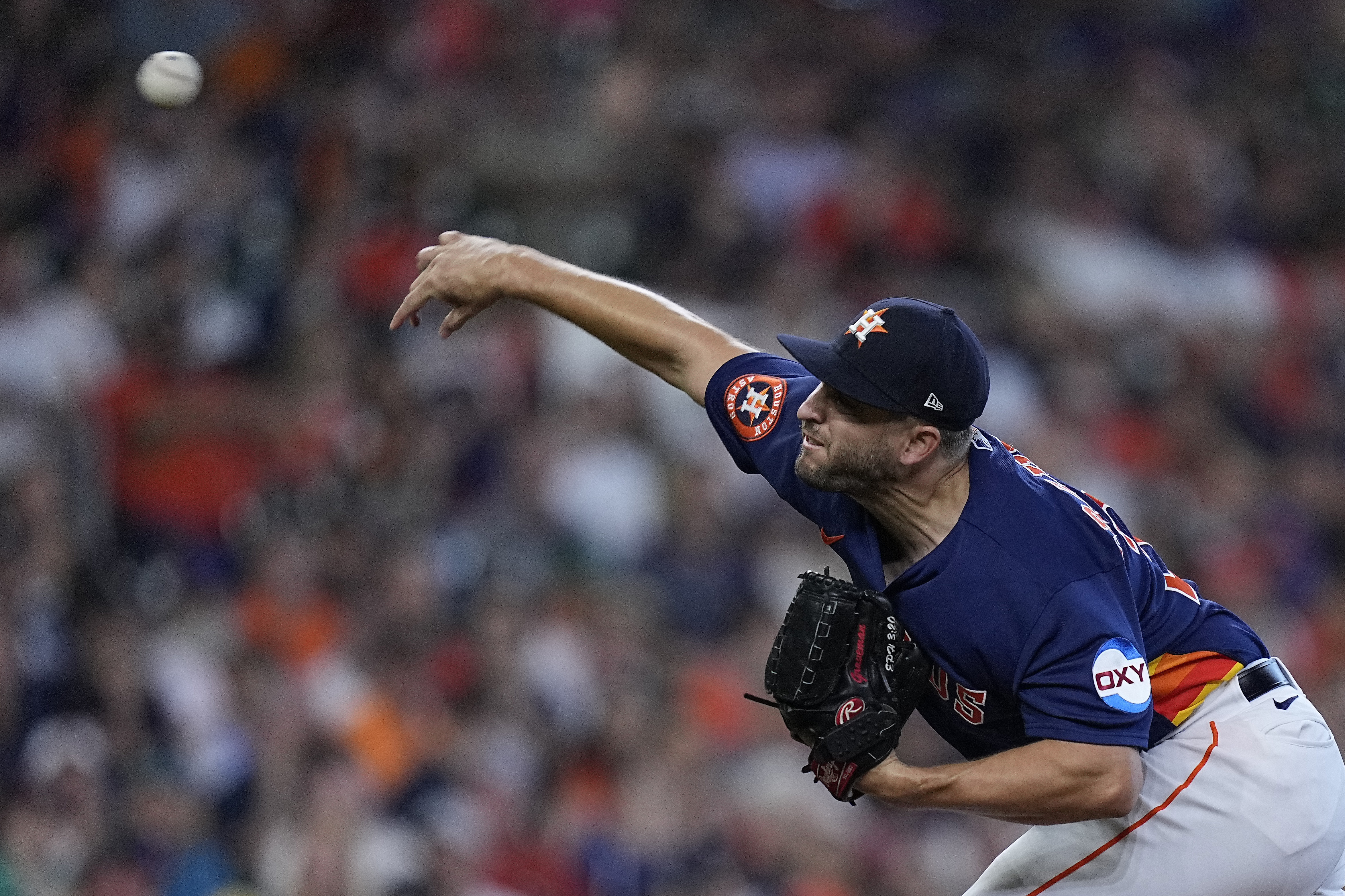FILE - Houston Astros relief pitcher Kendall Graveman delivers during the sixth inning of a baseball game against the Seattle Mariners, Sunday, Aug. 20, 2023, in Houston.