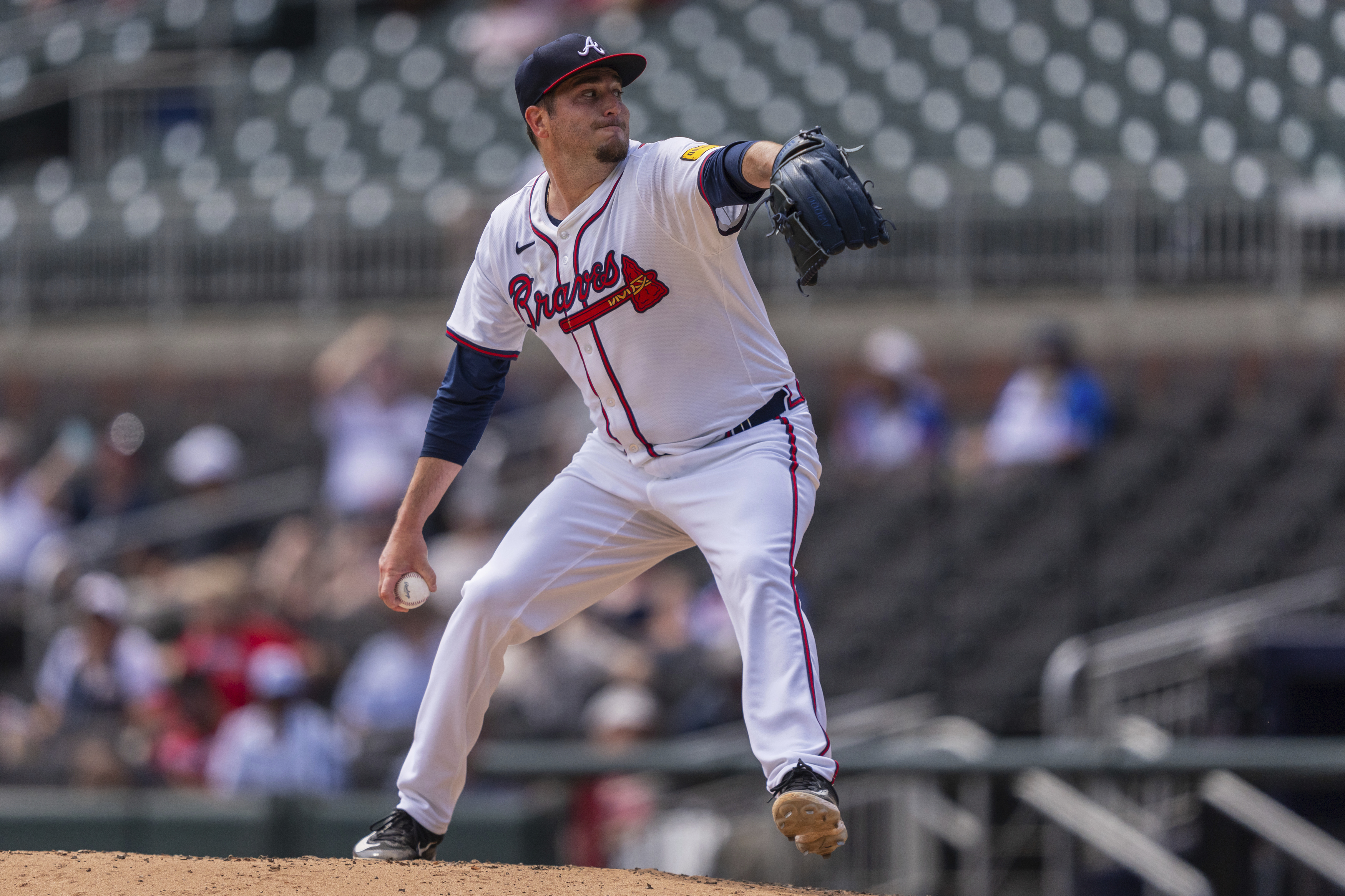 FILE - Atlanta Braves pitcher Luke Jackson throws during the seventh inning of a baseball game against the Milwaukee Brewers, Thursday, Aug. 8, 2024, in Atlanta. 