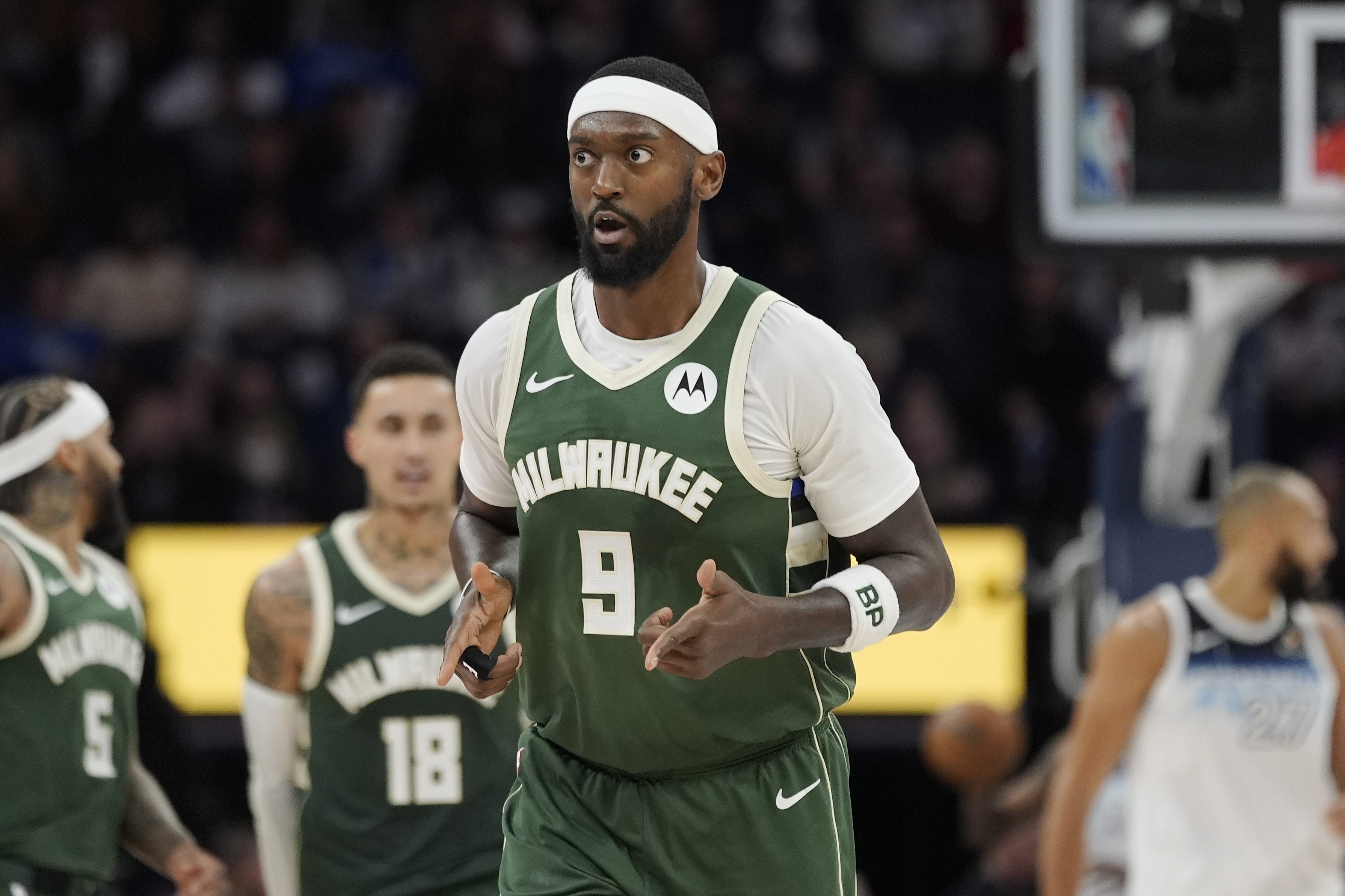 Milwaukee Bucks forward Bobby Portis (9) gestures after making a shot during the second half of an NBA basketball game against the Minnesota Timberwolves, Wednesday, Feb. 12, 2025, in Minneapolis.