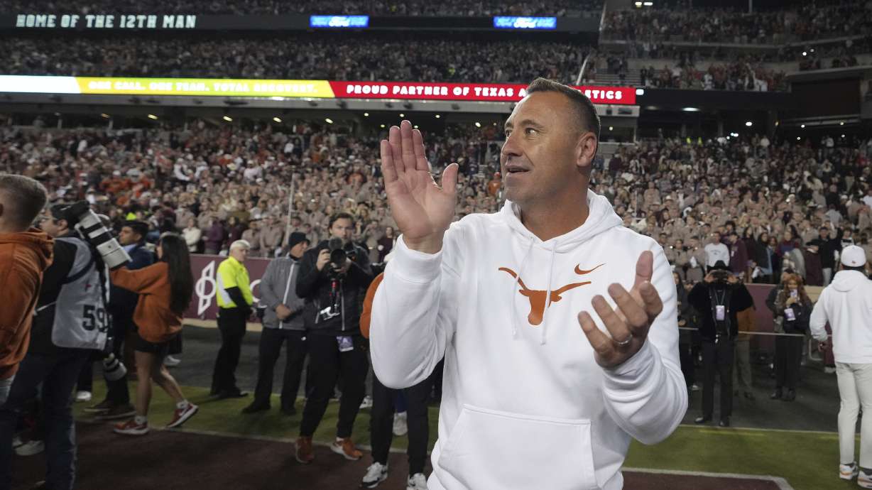 FILE - Texas head coach Steve Sarkisian reacts after the team's win over Texas A&M in a NCAA college football game Saturday, Nov. 30, 2024, in College Station, Texas.