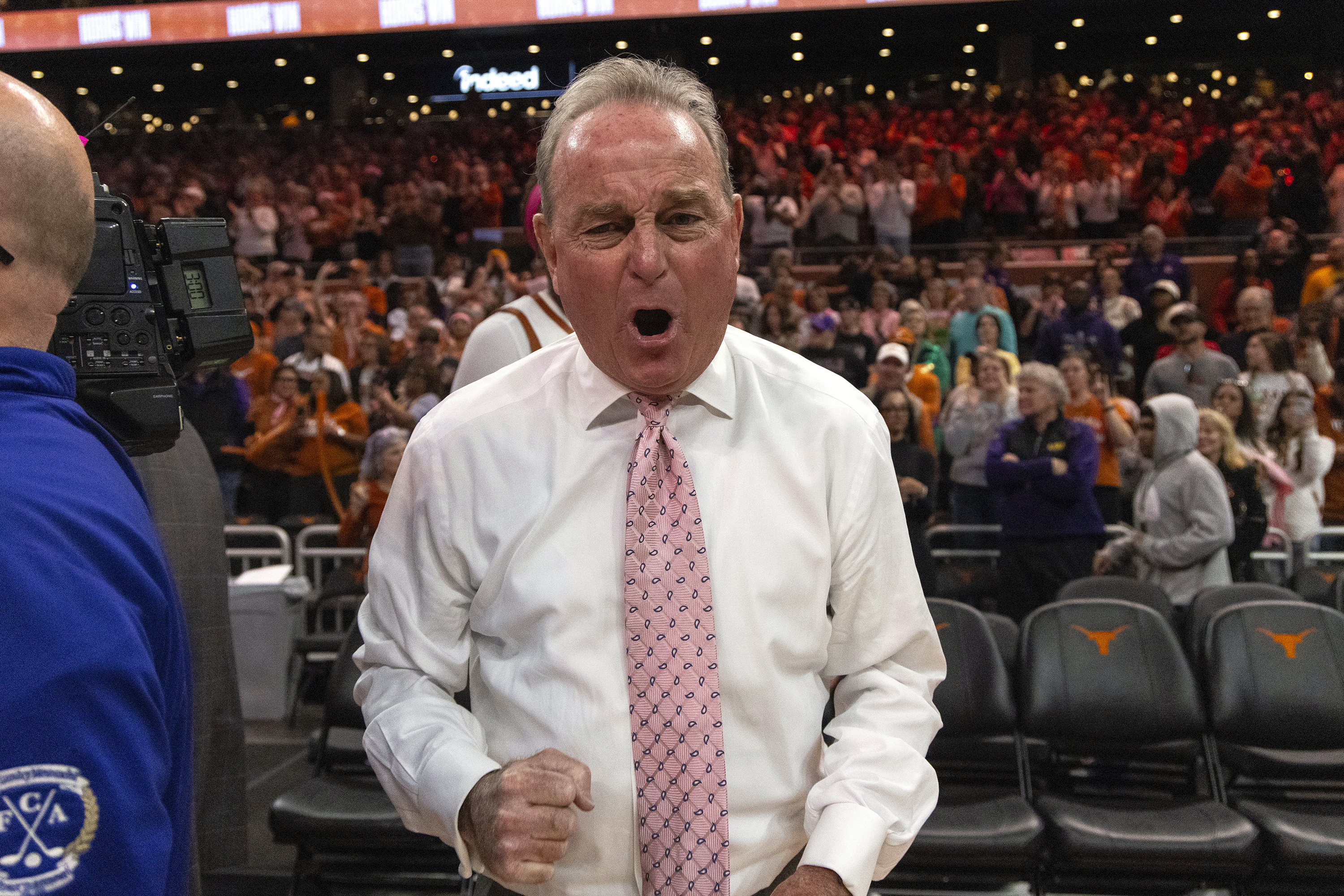 Texas head coach Vic Schaefer celebrates a win over LSU during an NCAA college basketball game in Austin, Texas, Sunday, Feb. 16, 2025. 