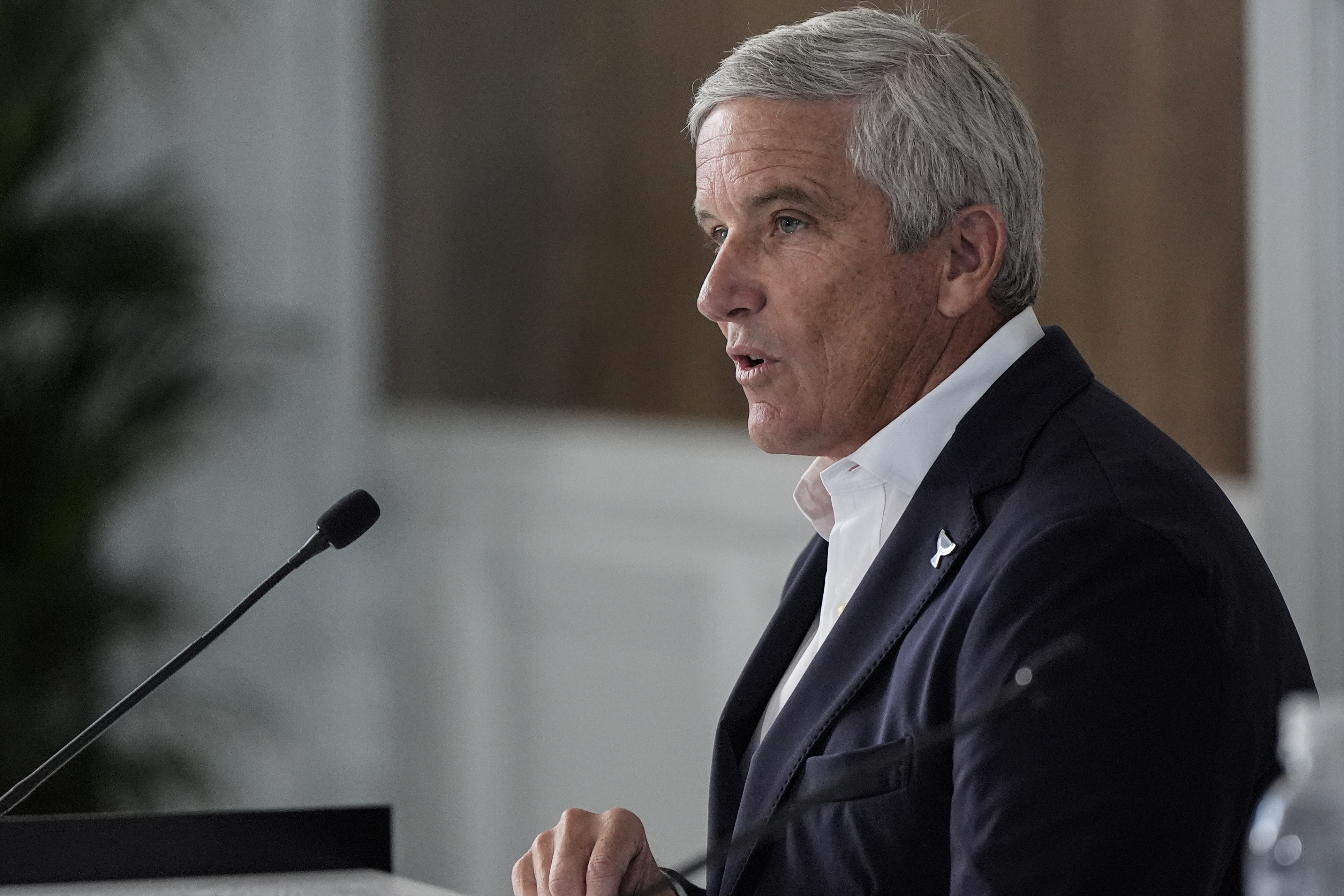 FILE - Commissioner of the PGA Tour, Jay Monahan IV speaks during a news conference ahead of the Tour Championship golf tournament, in Atlanta, Aug. 28, 2024.
