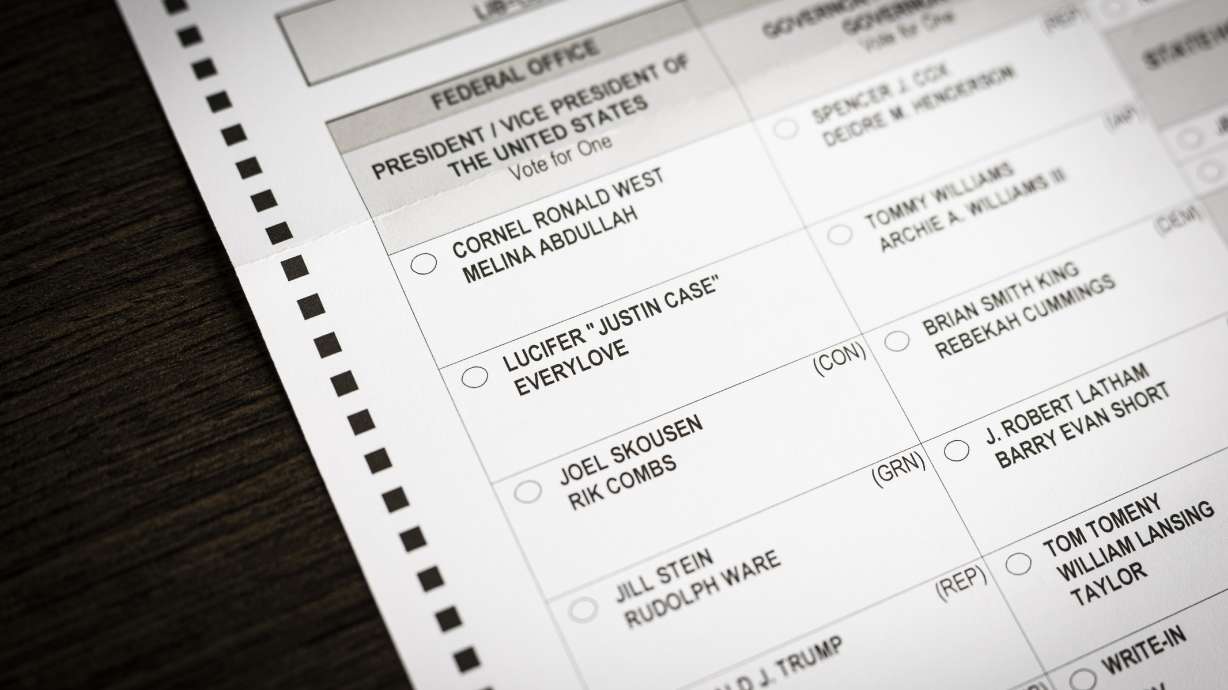 Lucifer “Justin Case” Everylove is listed on an official ballot for Salt Lake County, Utah, pictured in Salt Lake City on Oct. 16, 2024. The Legislature passed a bill to establish criteria for using a nickname in light of Everylove's candidacy last year.