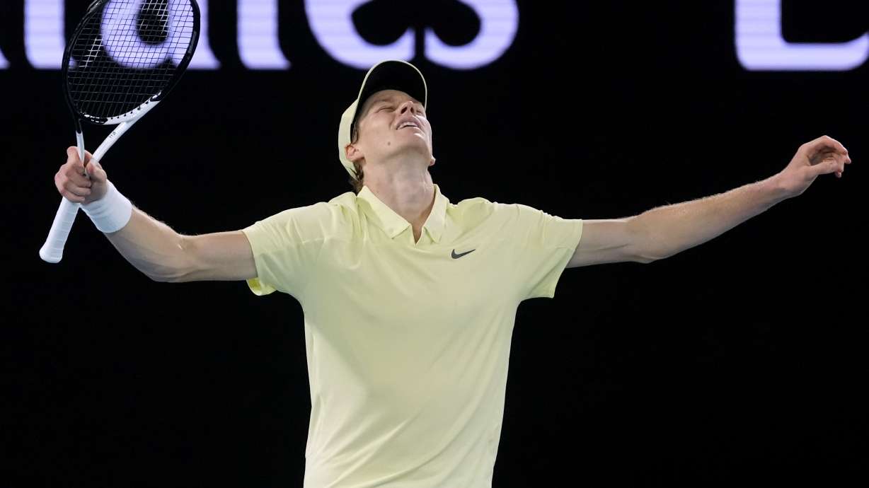 Jannik Sinner of Italy celebrates after defeating Alexander Zverev of Germany in the men's singles final at the Australian Open tennis championship in Melbourne, Australia, Sunday, Jan. 26, 2025.
