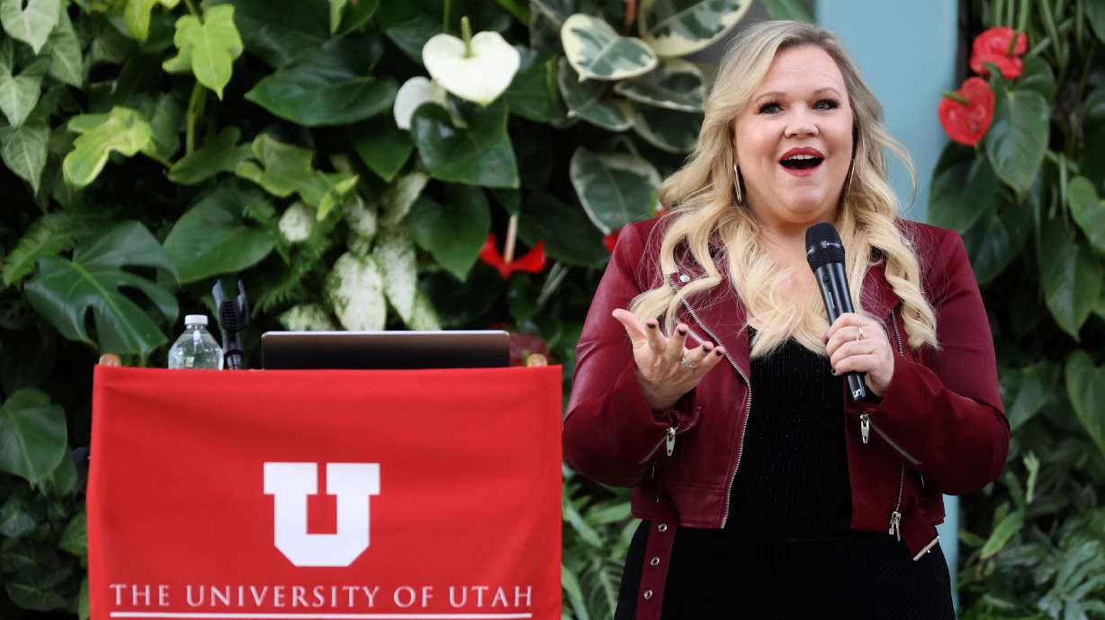 Holly Rowe, ESPN reporter and University of Utah alum, speaks at the annual Parry D. Sorensen Distinguished Lecture in Salt Lake City on April 19, 2024. Rowe will speak at the school in a commencement address.