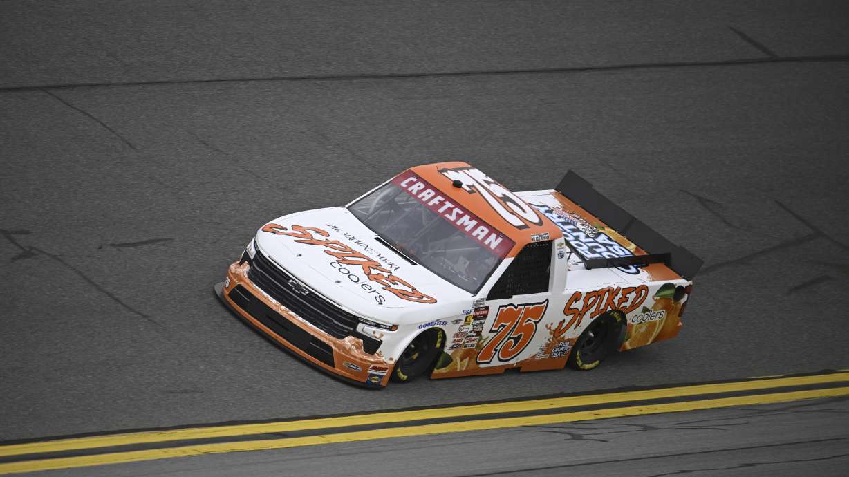 Parker Kligerman (75) during qualifying for a NASCAR truck series auto race at Daytona International Speedway, Friday, Feb. 14, 2025, in Daytona Beach, Fla.