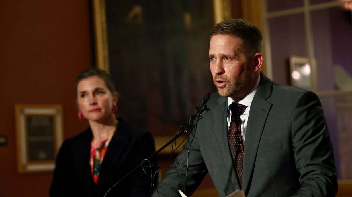 Brian Redd, executive director of the Utah Department of Corrections, speaks next to Salt Lake City Mayor Erin Mendenhall outside of the Salt Lake City Mayor's Office on Thursday. Redd was named Salt Lake City's next police chief.