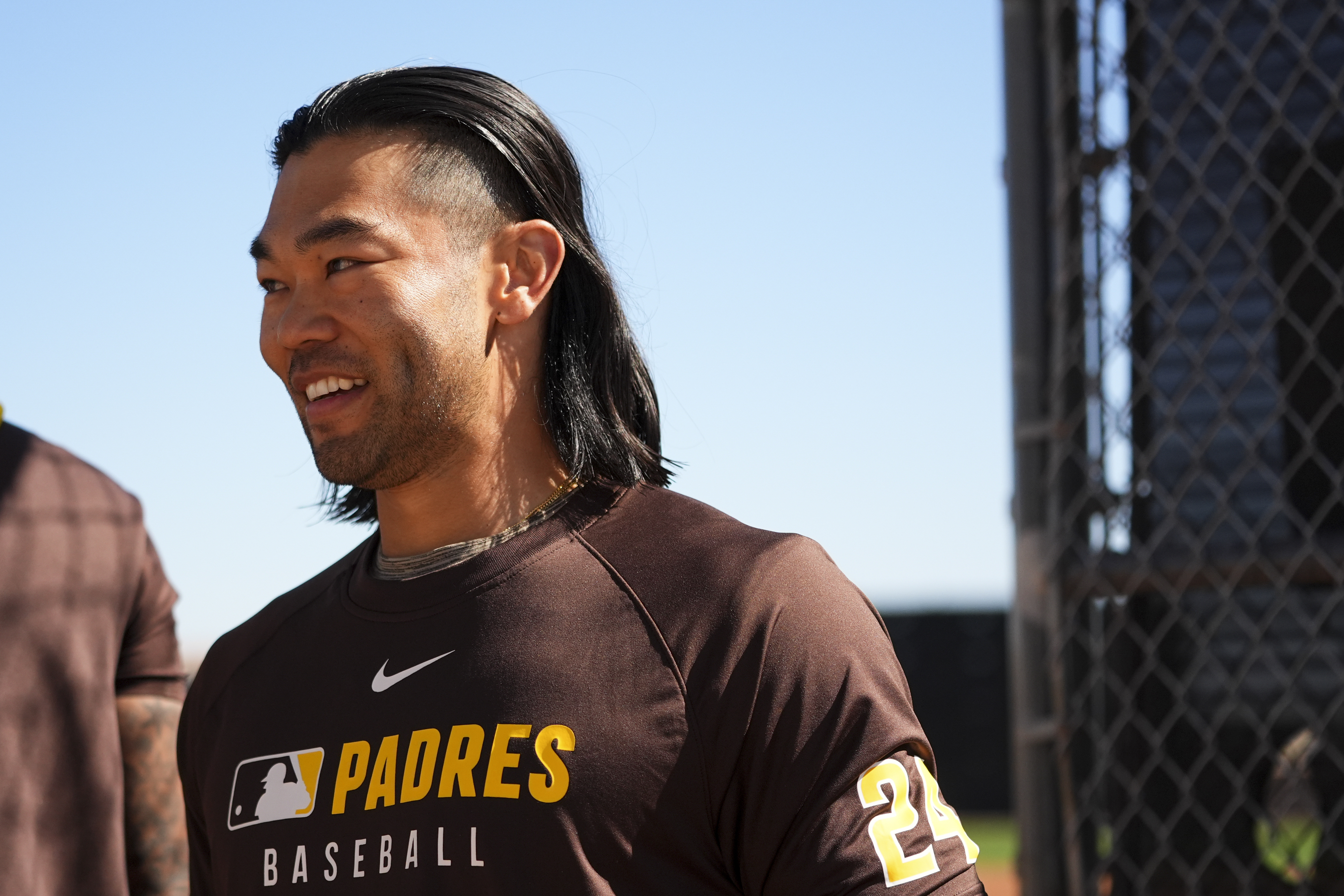 San Diego Padres' Connor Joe smiles during spring training baseball practice at the team's training facility Saturday, Feb. 15, 2025, in Peoria, Ariz. 
