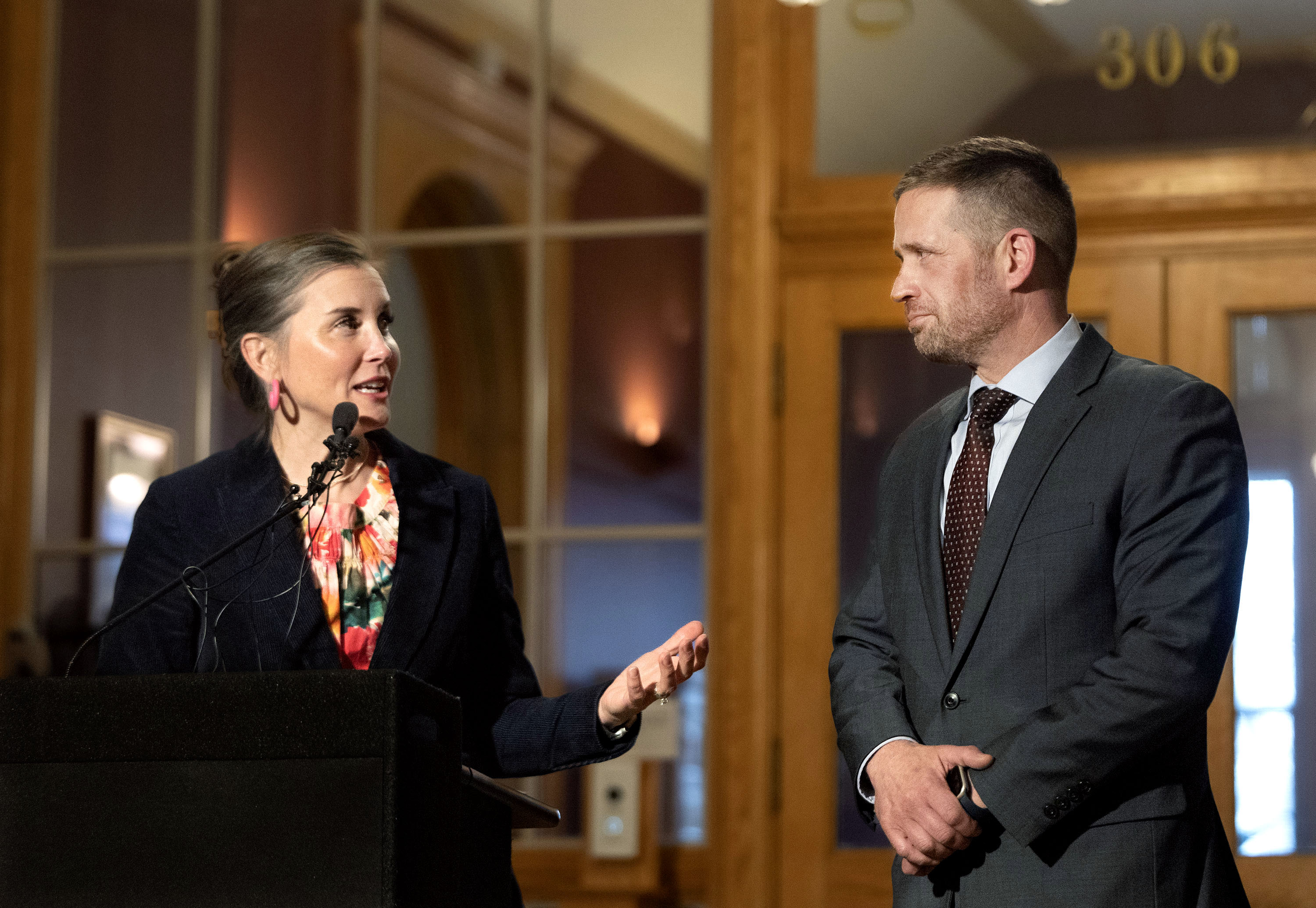 Salt Lake City Mayor Erin Mendenhall and Department of Corrections Director Brian Redd speak at a press conference in Salt Lake City on Thursday. Mendenhall announced Thursday that Redd is her new pick for chief of police in Salt Lake City.