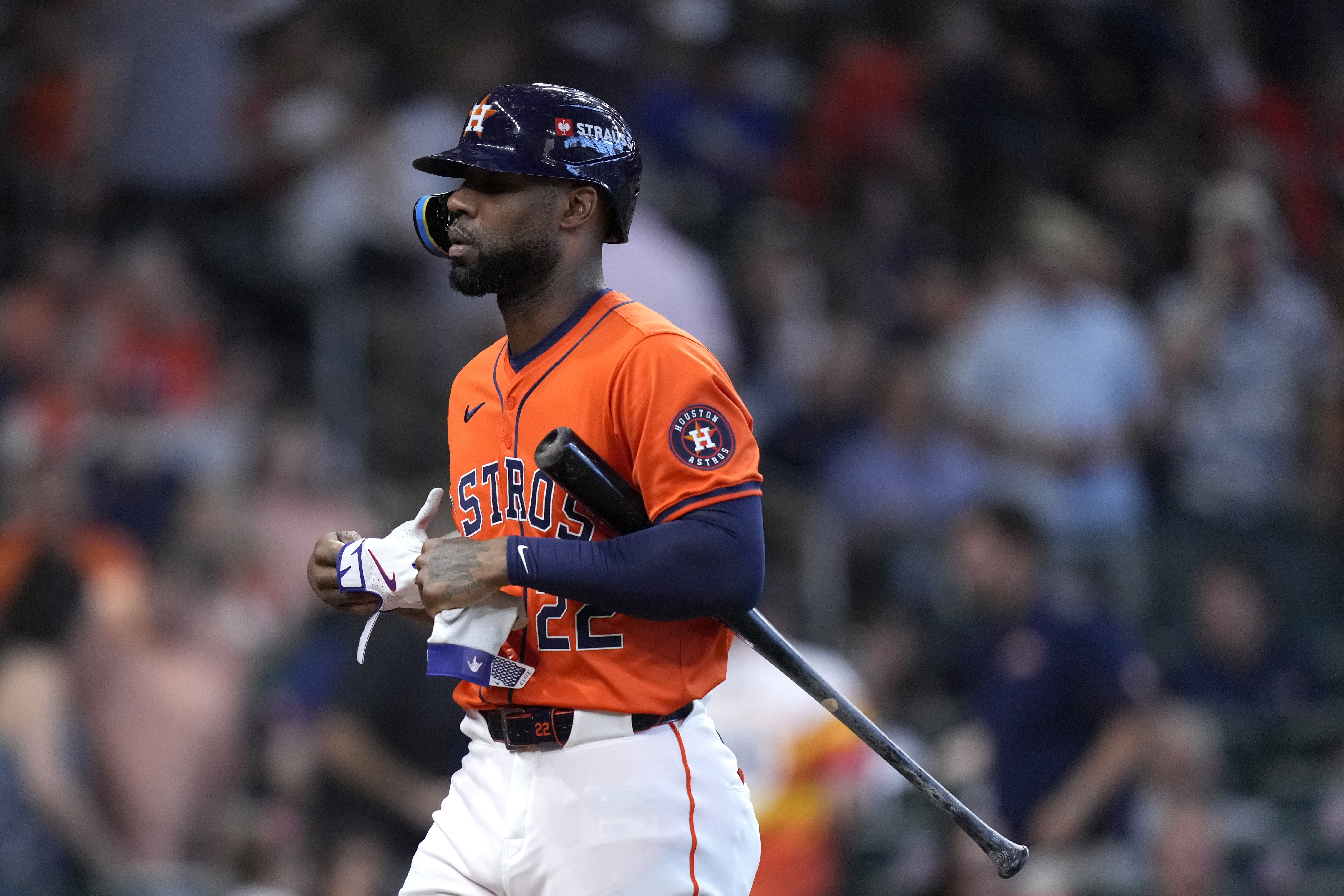 FILE - Houston Astros' Jason Heyward walks to the dugout after striking out against the Detroit Tigers in the second inning of Game 2 of an AL Wild Card Series baseball game, Oct. 2, 2024, in Houston. 