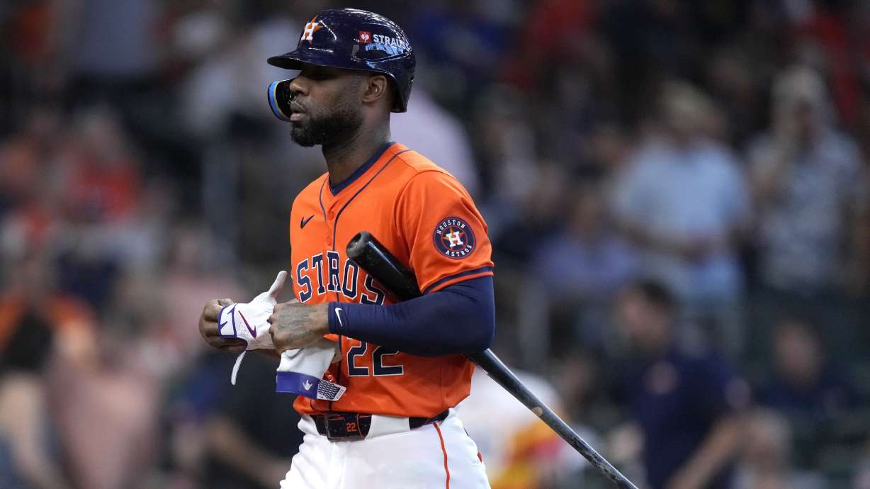 FILE - Houston Astros' Jason Heyward walks to the dugout after striking out against the Detroit Tigers in the second inning of Game 2 of an AL Wild Card Series baseball game, Oct. 2, 2024, in Houston.