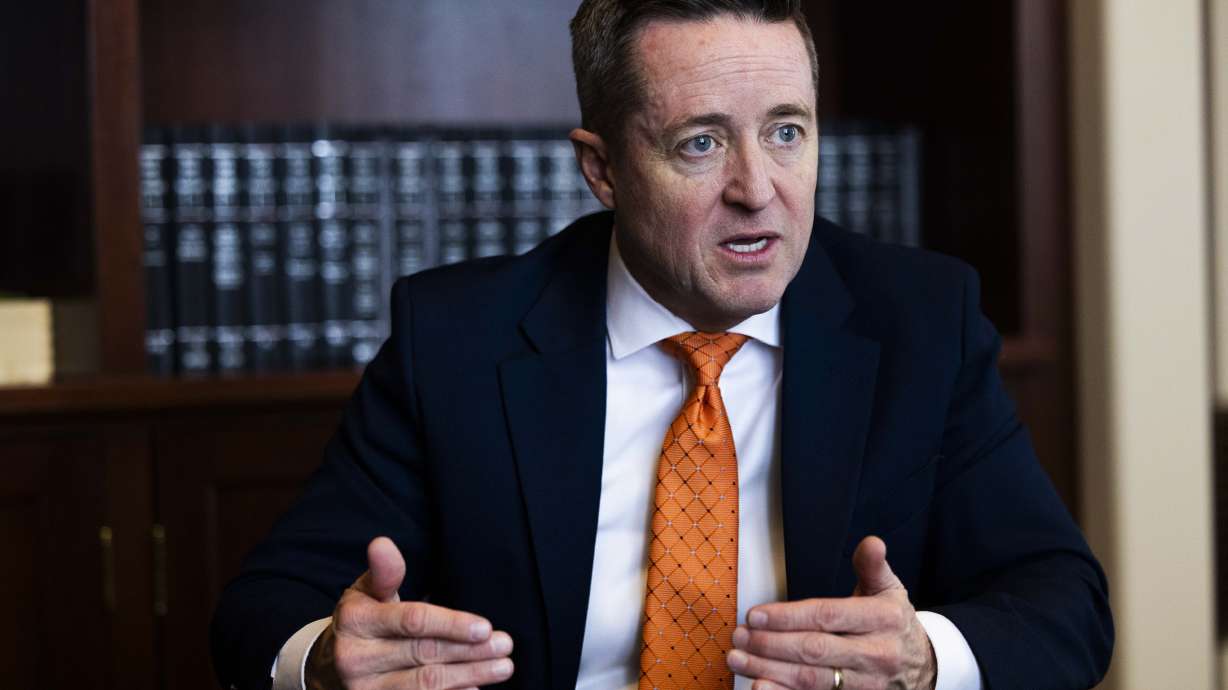 Utah Attorney General Derek Brown answers questions about a lawsuit Utah has joined that could change Section 504 of the Rehabilitation Act of 1973, in the Utah Attorney General's Office in the Capitol, in Salt Lake City on Thursday.