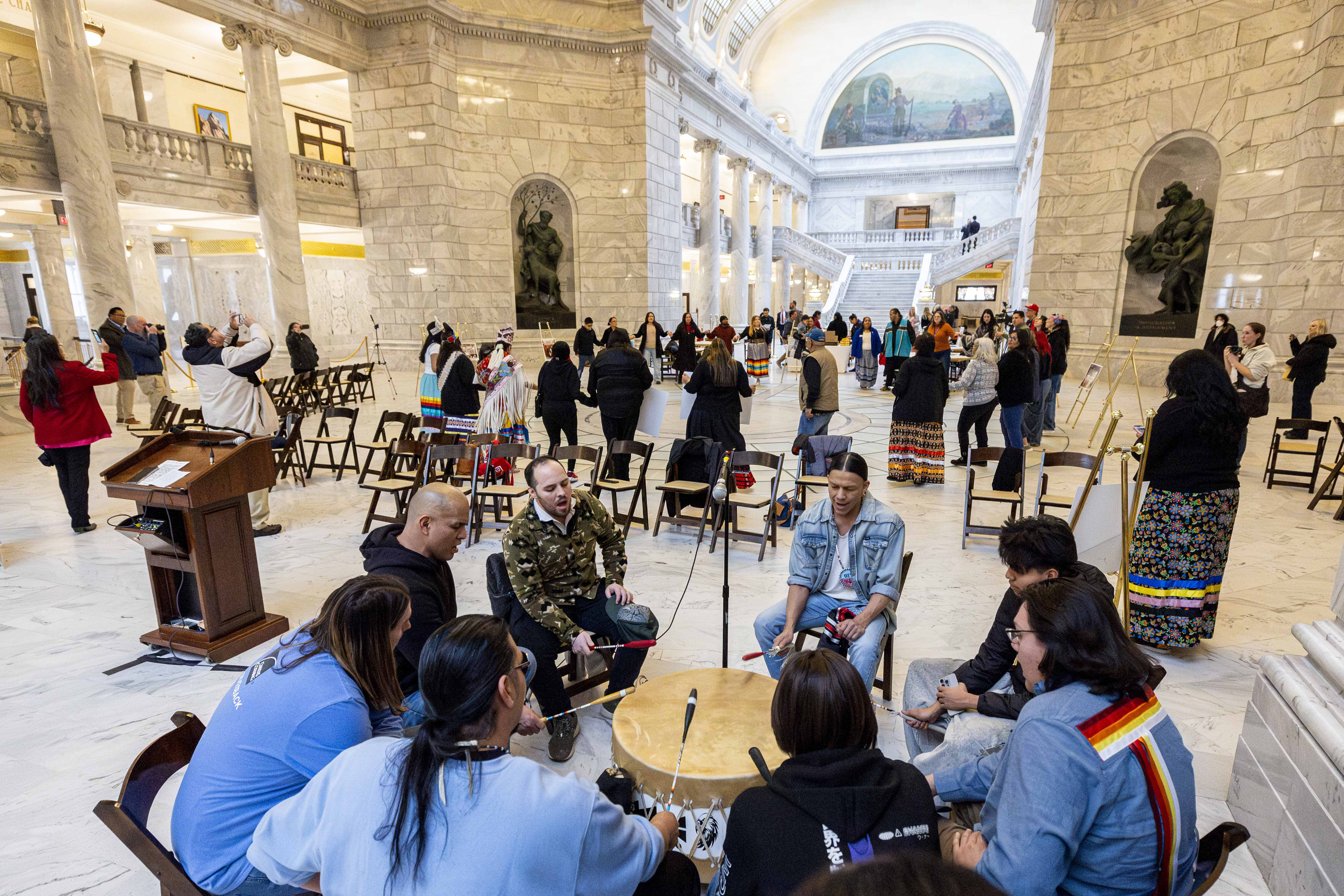 The Grayhawk Singers perform during a rally supporting the Indian Family Preservation Act, also known as HB30, held in the rotunda of the Capitol in Salt Lake City on Thursday.