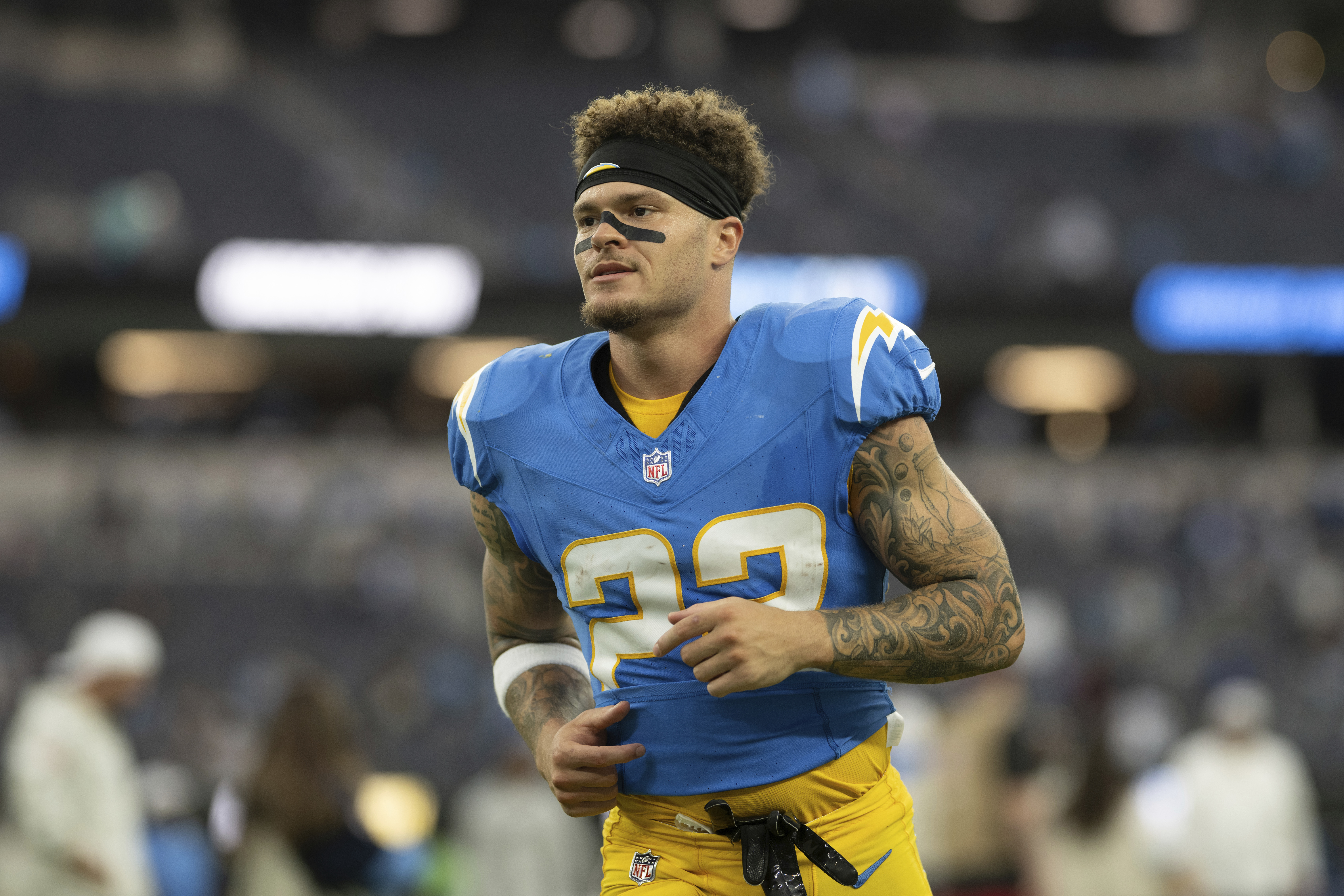 FILE - Los Angeles Chargers cornerback Elijah Molden (22) jogs back to the locker room after an NFL football game against the Tennessee Titans, Nov. 10, 2024, in Inglewood, Calif. 
