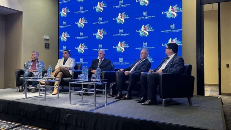 The Tabernacle Choir and Orchestra at Temple Square’s Music Director Dr. Mack Wilberg and Elder Ulisses Soares, of the Quorum of the Twelve Apostles are joined by visiting performers during a press conference in Lima, Peru, on Thursday.