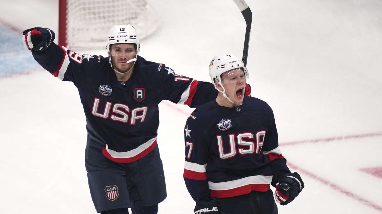 United States' Brady Tkachuk, right, celebrates after his goal against Canada with his brother Matthew Tkachuk, left, during the first period of the 4 Nations Face-Off championship hockey game, Thursday, Feb. 20, 2025, in Boston.