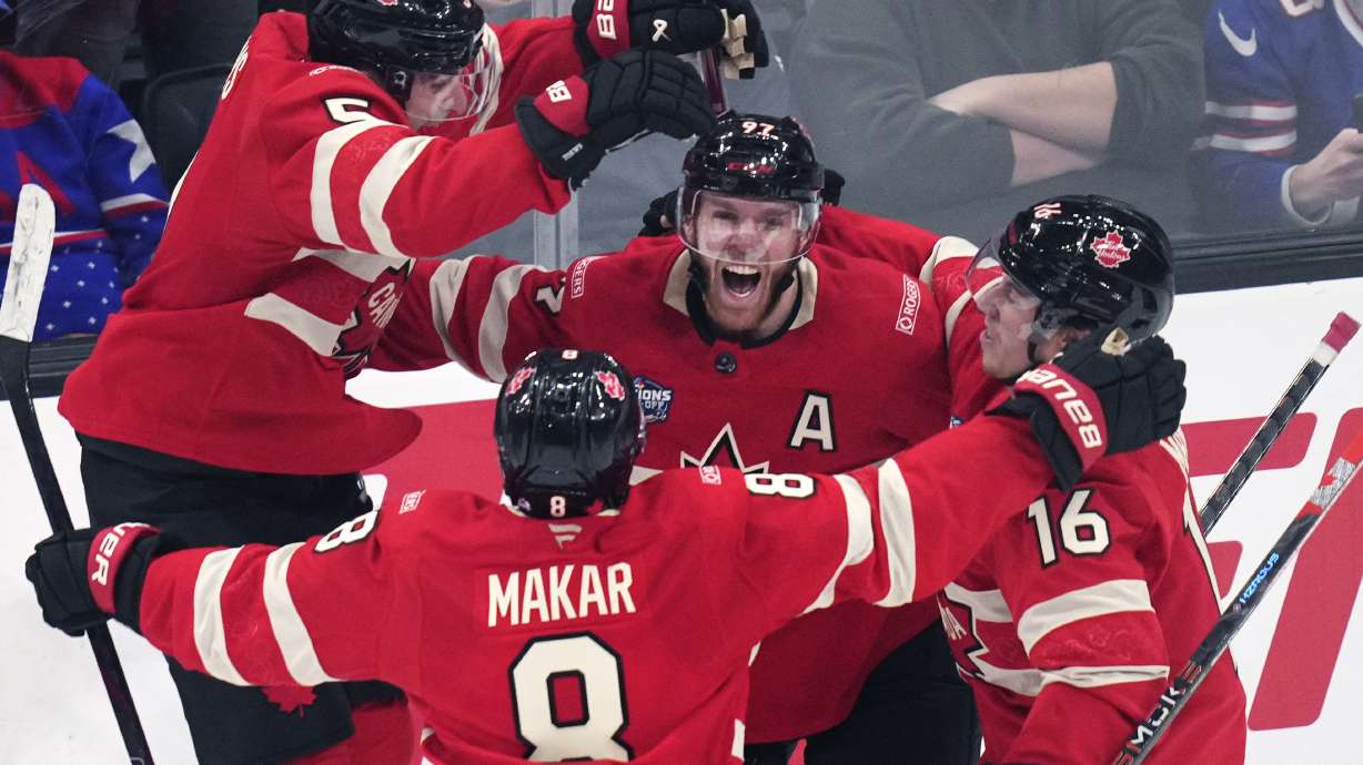 Canada's Connor McDavid (97) celebrates after his game-winning goal against the United States during an overtime period of the 4 Nations Face-Off championship hockey game, Thursday, Feb. 20, 2025, in Boston.