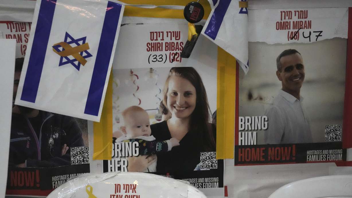 A poster shows Shiri Bibas, who was kidnapped to Gaza with her husband and two young sons on Oct. 7, 2023, in Jerusalem, Friday.