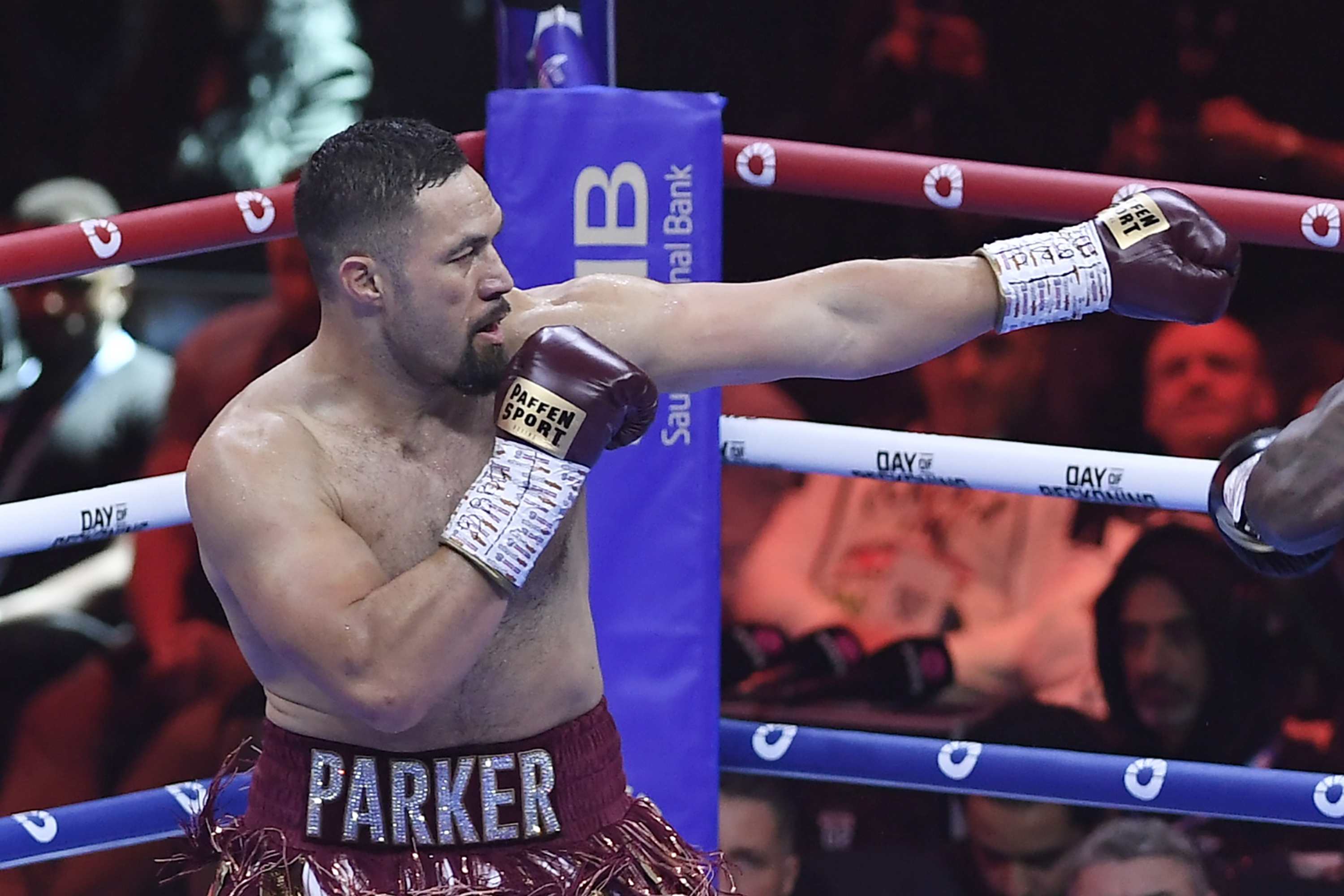FILE - Joseph Parker in action against Deontay Wilder during their match in the Day of Reckoning Boxing Event, in the Kingdom Arena, Saudi Arabia, on Dec. 24, 2023. 