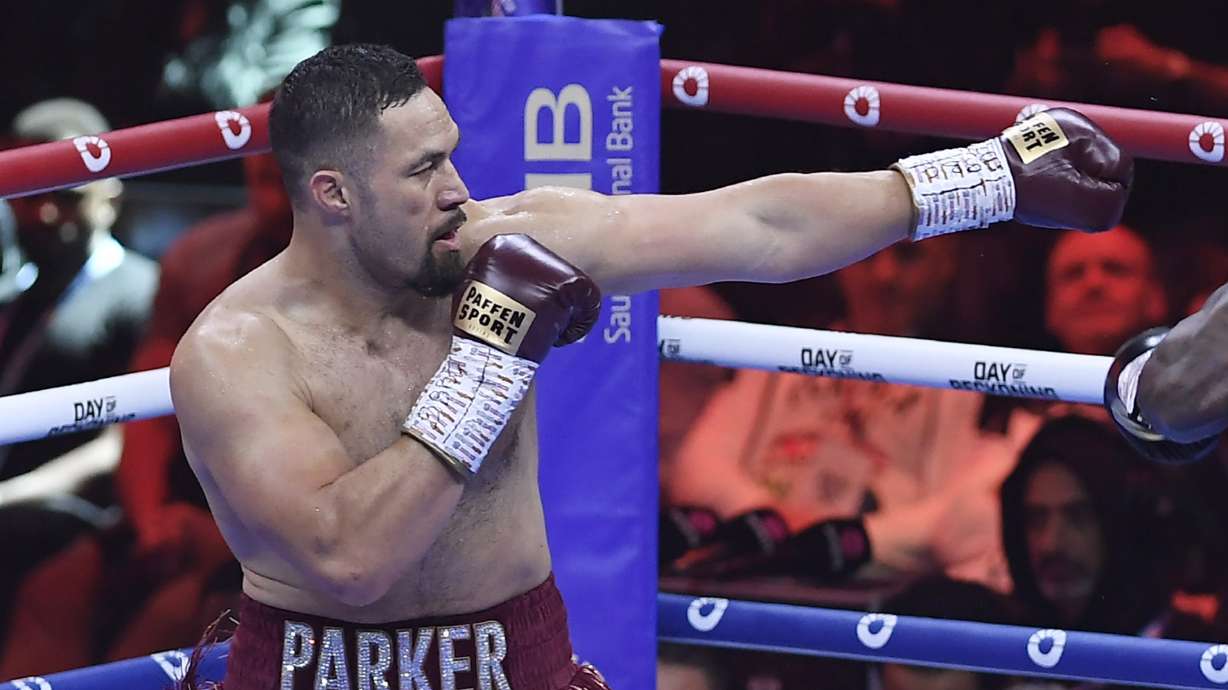 FILE - Joseph Parker in action against Deontay Wilder during their match in the Day of Reckoning Boxing Event, in the Kingdom Arena, Saudi Arabia, on Dec. 24, 2023.