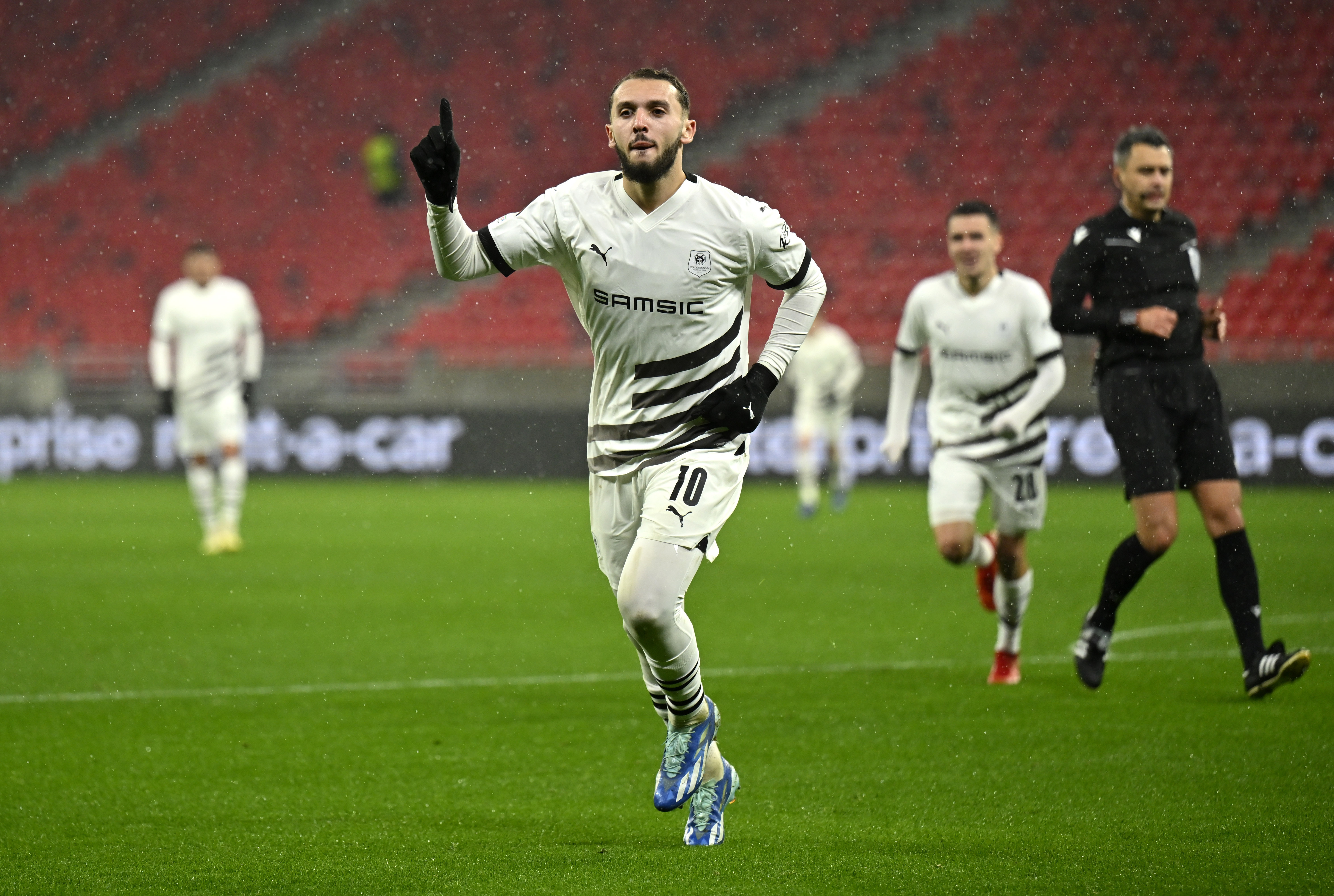 FILE - Rennes' Amine Gouiri celebrates his side's second goal during an Europa League group F match between Maccabi Haifa and Rennes in Budapest, Hungary, Thursday, Nov. 30, 2023. 