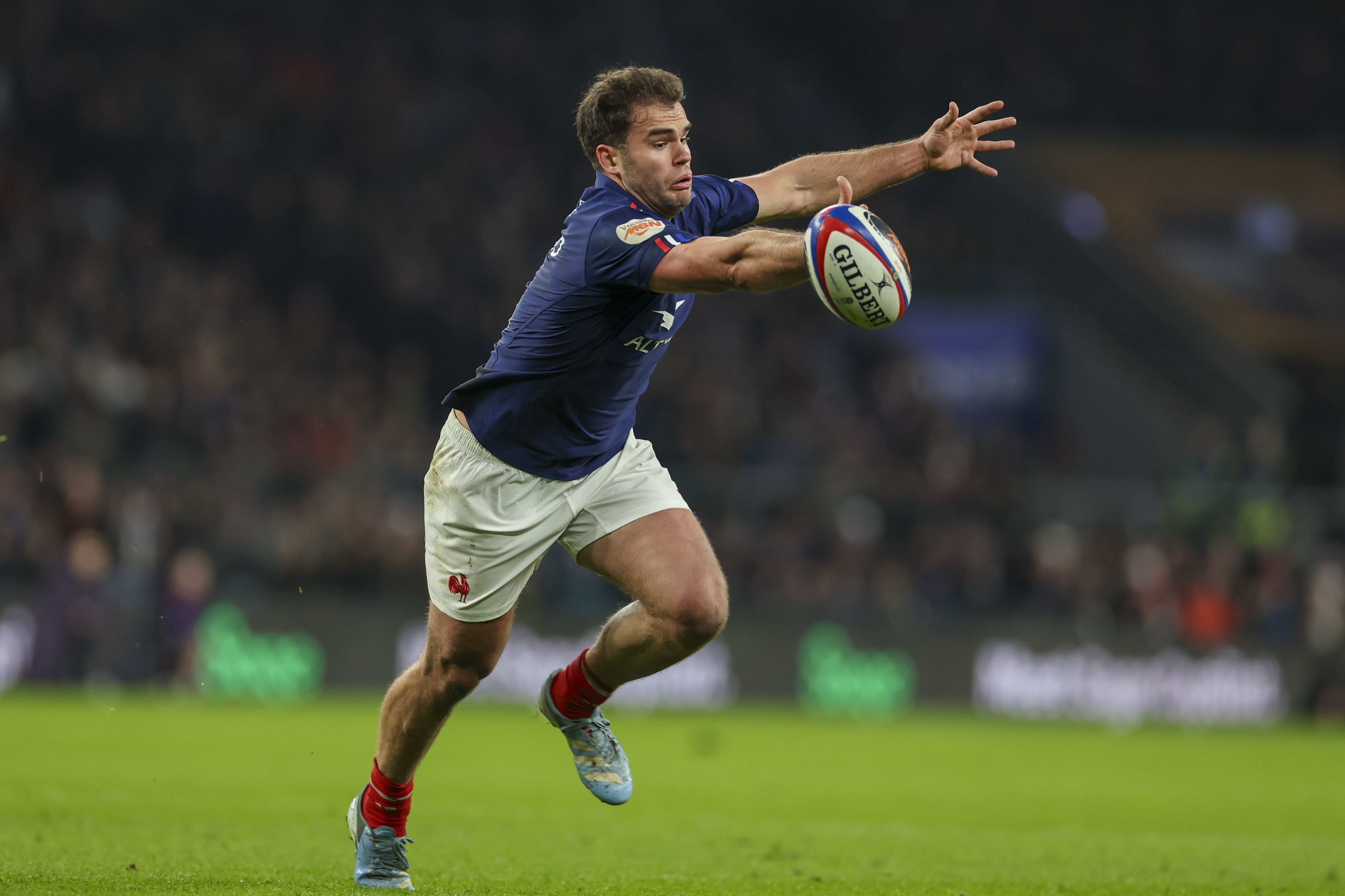France's Damian Penaud drops the ball during the Six Nations rugby union match between England and France at Twickenham in London, Saturday, Feb. 8, 2025. 