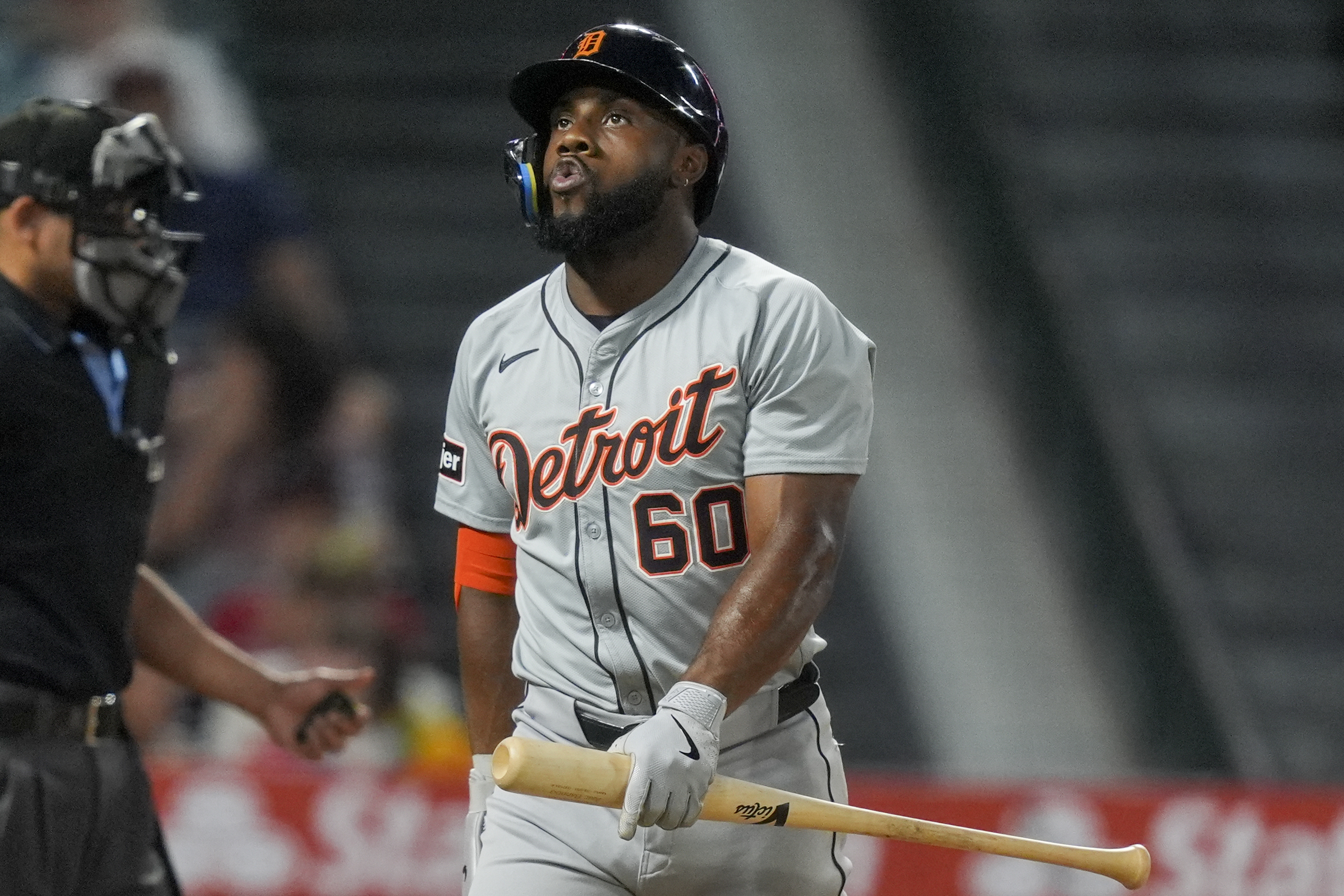 FILE - Detroit Tigers' Akil Baddoo reacts after striking out swinging during the eighth inning of the team's baseball game against the Los Angeles Angels, Thursday, June 27, 2024, in Anaheim, Calif. 