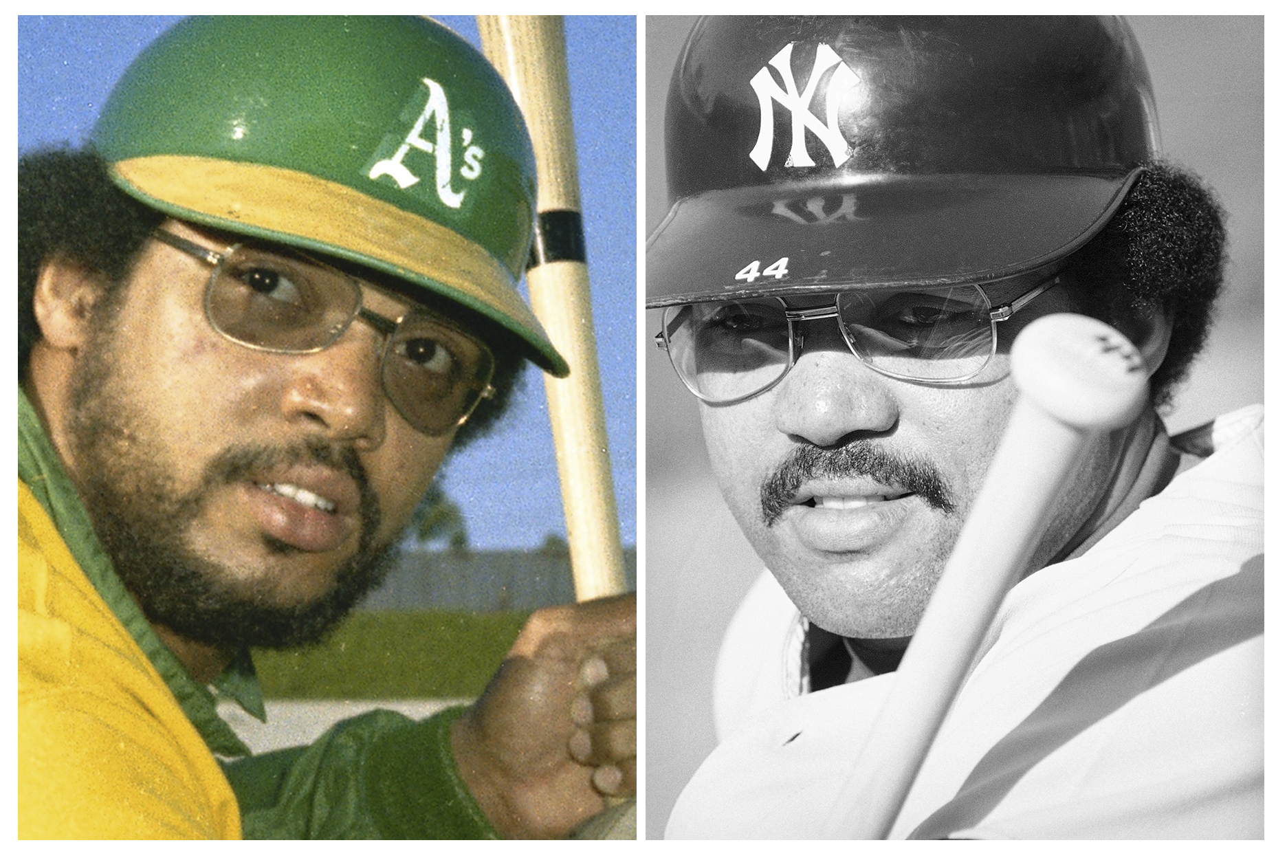 FILE - This combo of file photos shows Oakland Athletics player Reggie Jackson, left, in 1973, and as New York Yankees player on Oct. 10, 1978. 