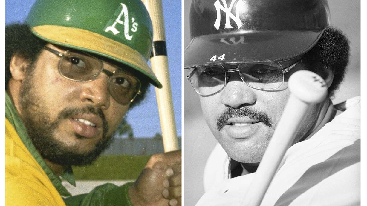 FILE - This combo of file photos shows Oakland Athletics player Reggie Jackson, left, in 1973, and as New York Yankees player on Oct. 10, 1978.