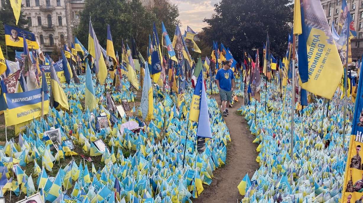 The undated photo shows a makeshift memorial to Ukrainian soldiers killed in the war with Russia in Independence Square in Kyiv, Ukraine. Saturday will mark the third anniversary of the start of the war.