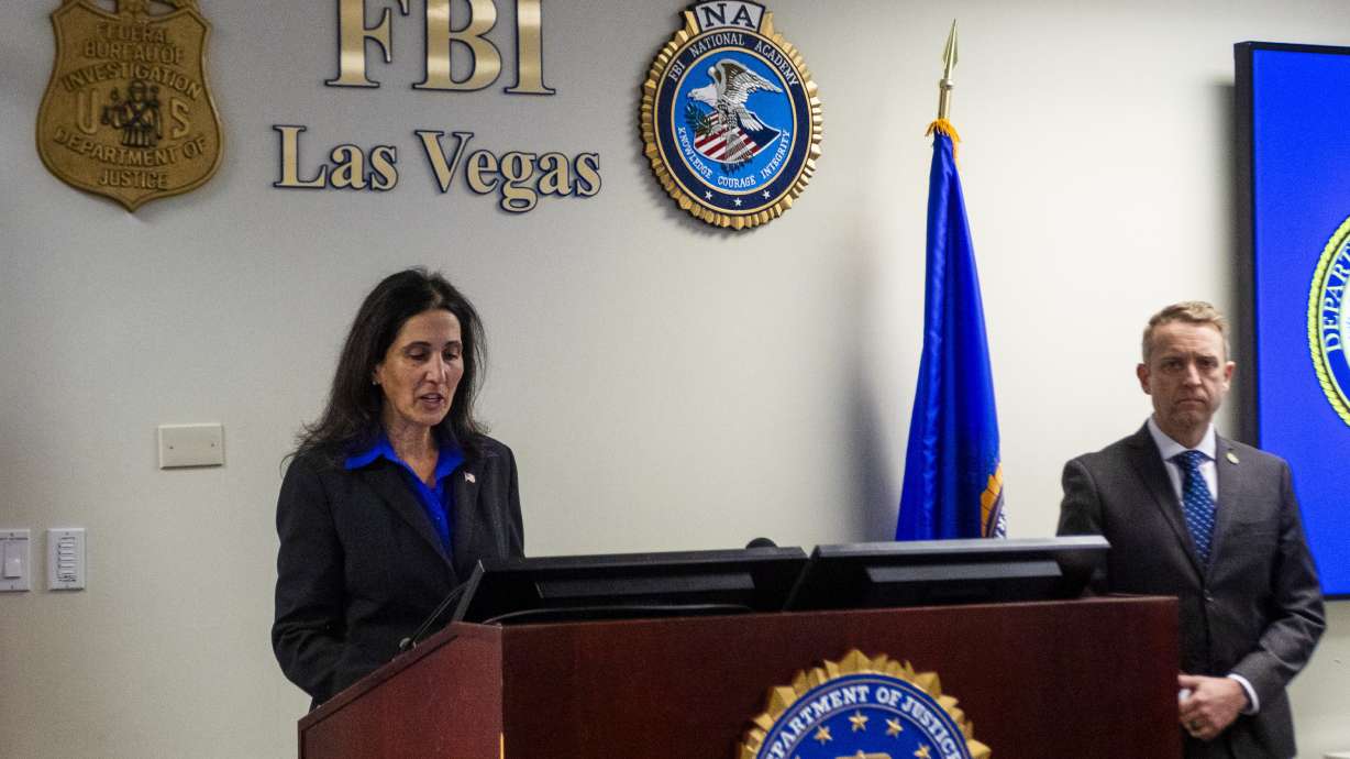 Acting United States Attorney for the District of Nevada Sue Fahami speaks about an alleged romance scheme that turned deadly during a news conference in Las Vegas, Friday.