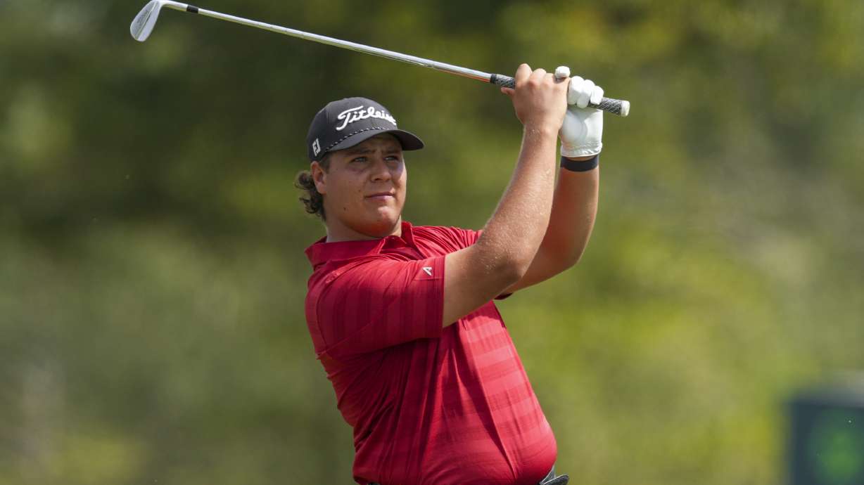 Aldrich Potgieter, of South Africa, watches his tee shot on the 13th hole during the second round of the Mexico Open golf tournament in Puerto Vallarta, Mexico, Friday, Feb. 21, 2025.