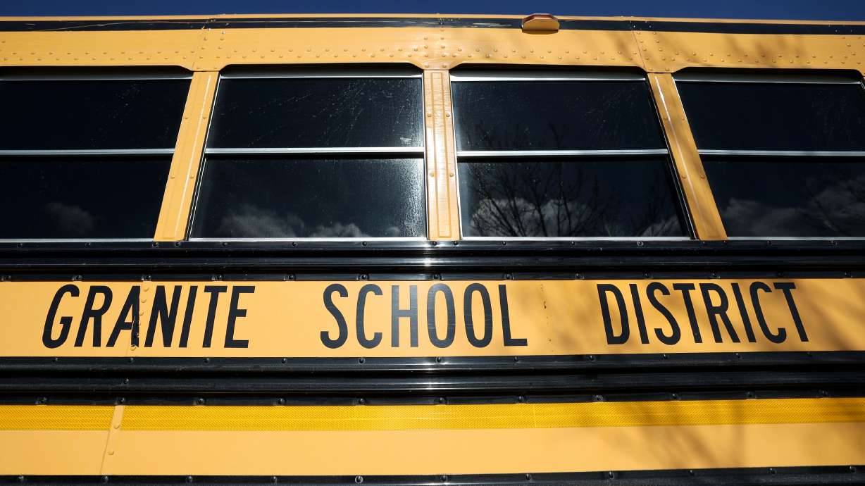 A Granite School District bus is pictured in Salt Lake City on Feb. 7, 2023. Granite School District on Friday defended the use of its COVID relief funds after a Fox News story hinted at inappropriate spending by the district.