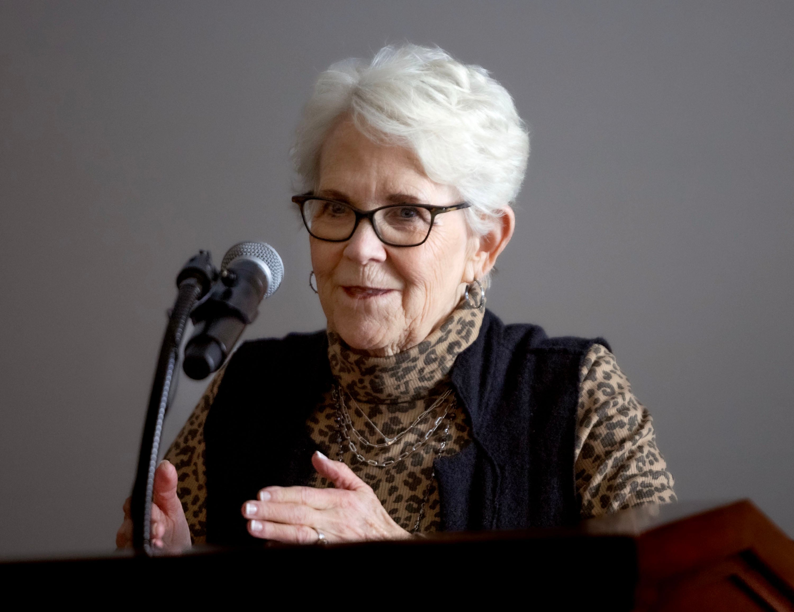 Rep. Carol Spackman Moss, D-Holladay, speaks to the media at the Capitol in Salt Lake City on Feb. 21. Spackman Moss's bill on expanding student journalists' rights was tabled by the Legislature on Tuesday.
