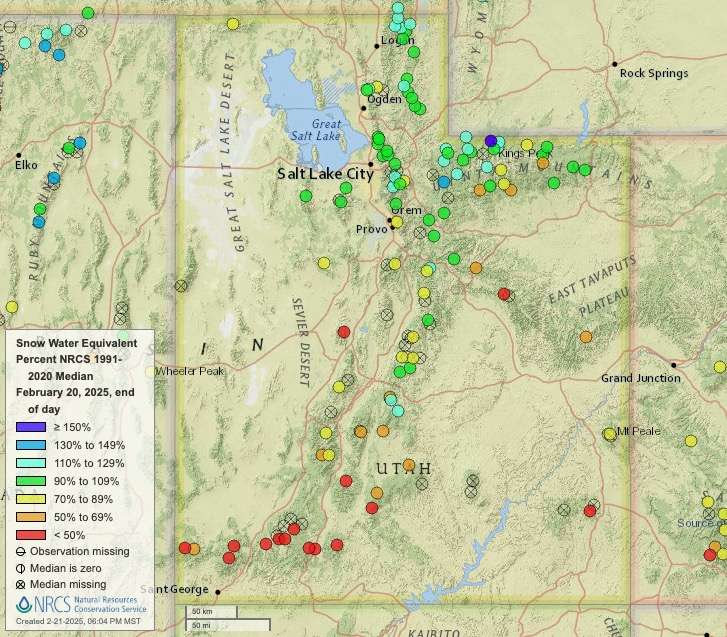 This map shows snowpack levels at mountain sites across Utah as of Friday. Many sites in northern Utah are close to normal for the final week of meteorological winter, while many sites in central and southern Utah are lagging.