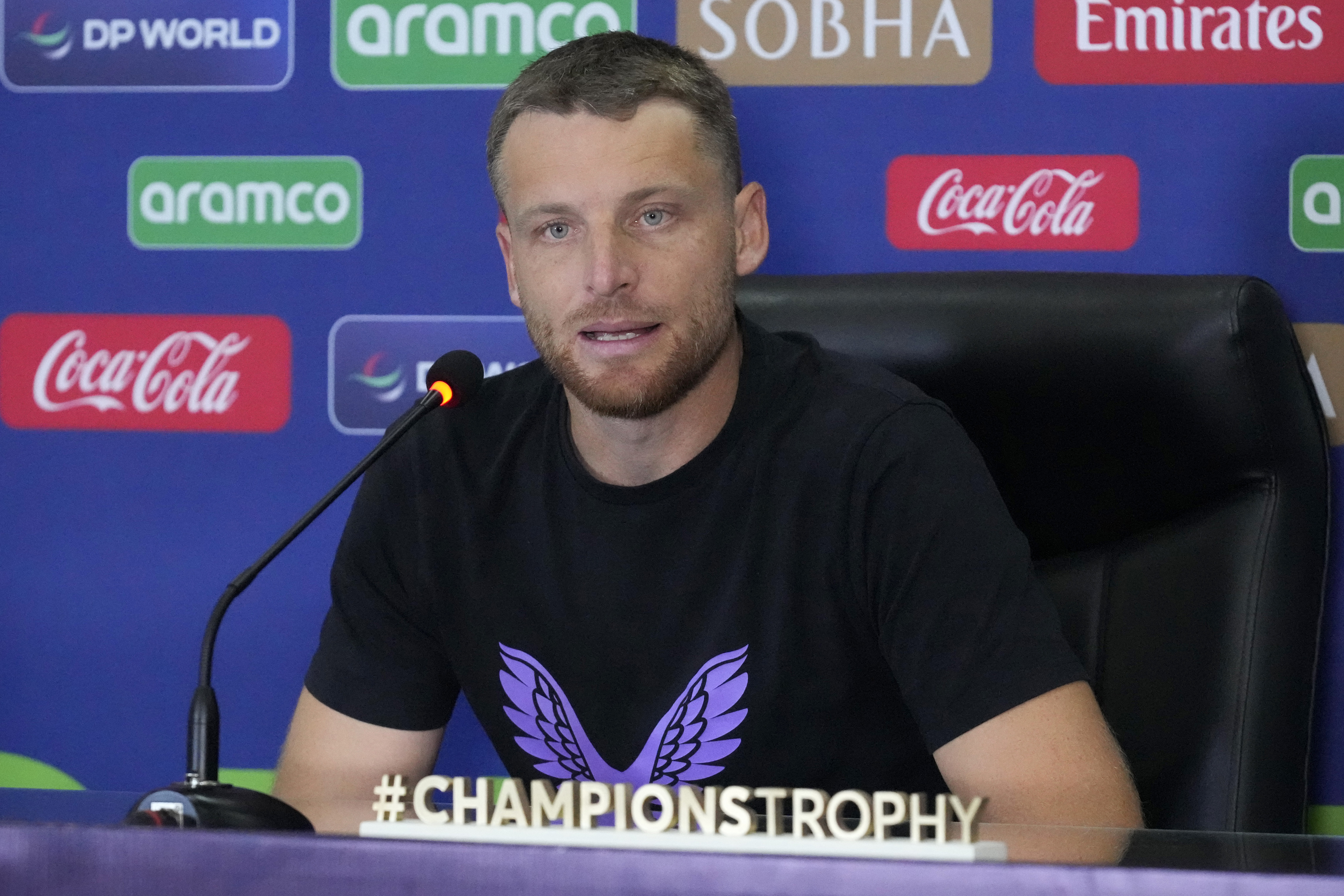 England's captain Jos Buttler speaks during a press conference regarding their ICC Champions Trophy cricket match against Australia, in Lahore, Pakistan, Friday, Feb. 21, 2025. 