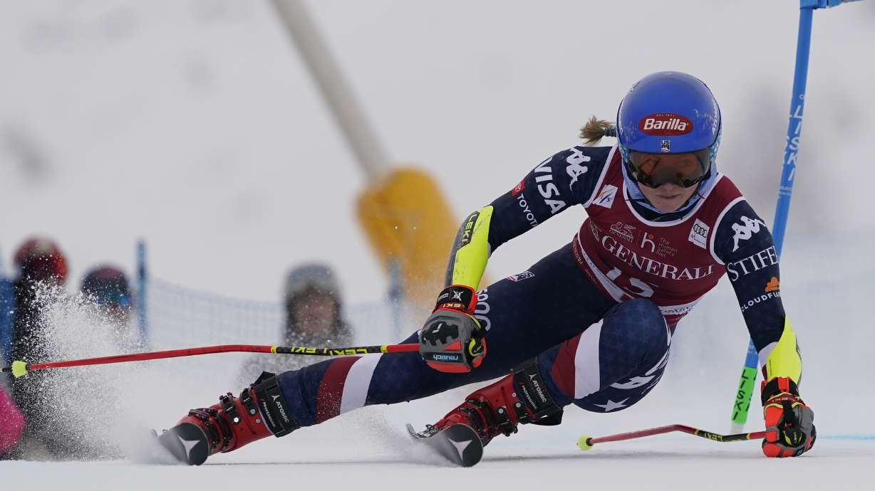 United States' Mikaela Shiffrin speeds down the course during an alpine ski, women's World Cup giant slalom, in Sestriere, Italy, Saturday, Feb. 22, 2025.