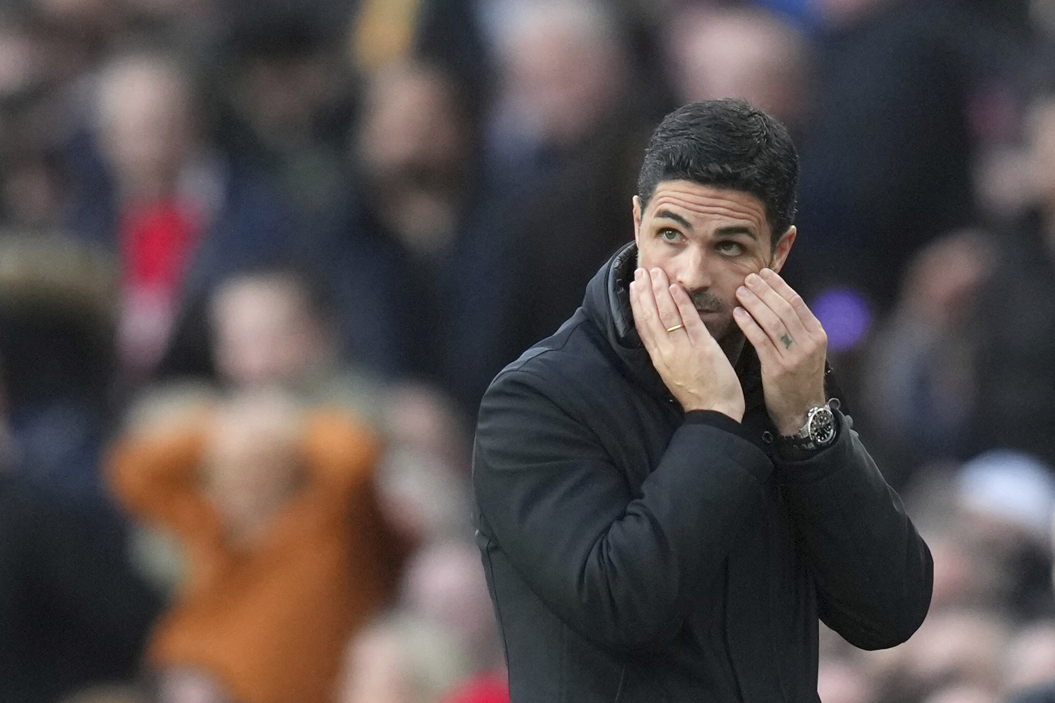 Arsenal's manager Mikel Arteta reacts during the English Premier League soccer match between Arsenal and West Ham United at Emirates stadium in London, Saturday, Feb. 22, 2025.