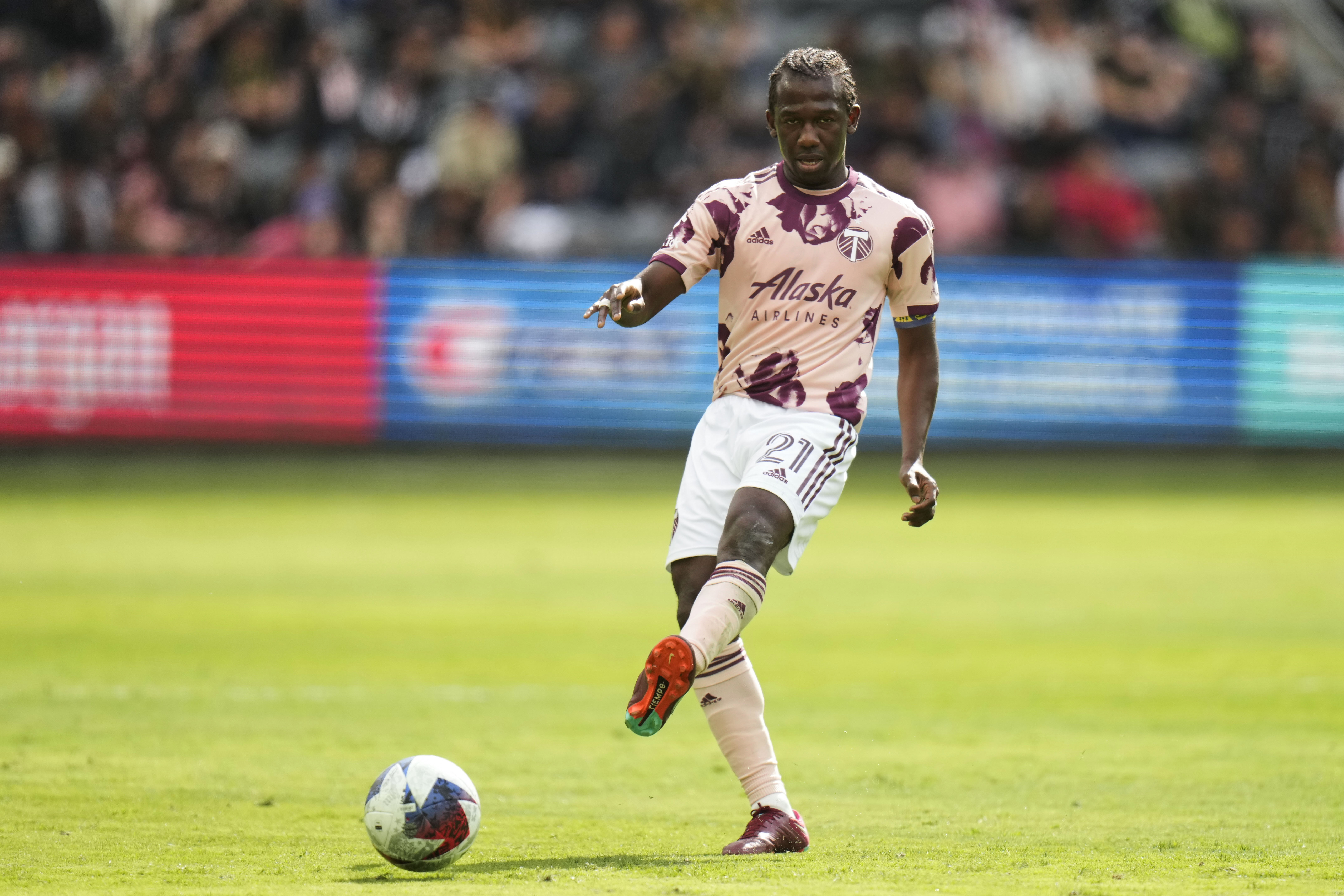 FILE - Portland Timbers midfielder Diego Chara passes the ball during the first half of an MLS soccer match against the Los Angeles FC, Saturday, March 4, 2023, in Los Angeles.