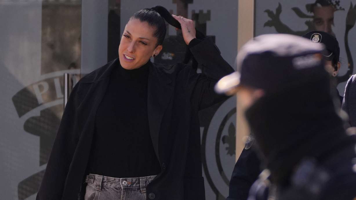 Soccer player Jenni Hermoso leaves after testifying at a court on the outskirts of Madrid, Spain, Monday Feb. 3, 2025 during the trial of former president of Spain's soccer federation Luis Rubiales for his unsolicited kiss on her.