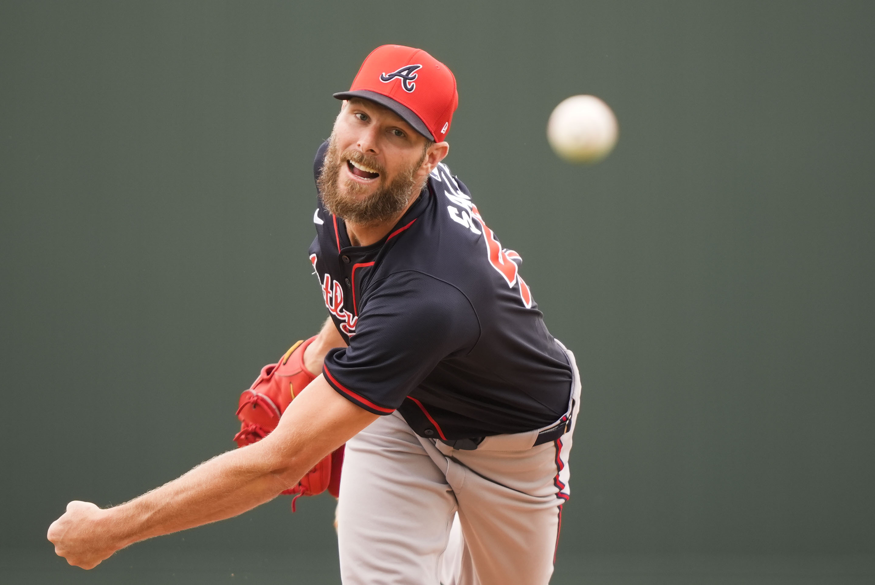 Atlanta Braves pitcher Chris Sale throws in the first inning of a spring training baseball game against the Minnesota Twins in Fort Myers, Fla., Saturday, Feb. 22, 2025. 