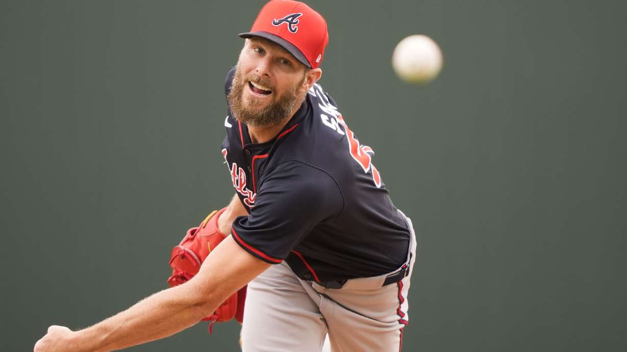 Atlanta Braves pitcher Chris Sale throws in the first inning of a spring training baseball game against the Minnesota Twins in Fort Myers, Fla., Saturday, Feb. 22, 2025.