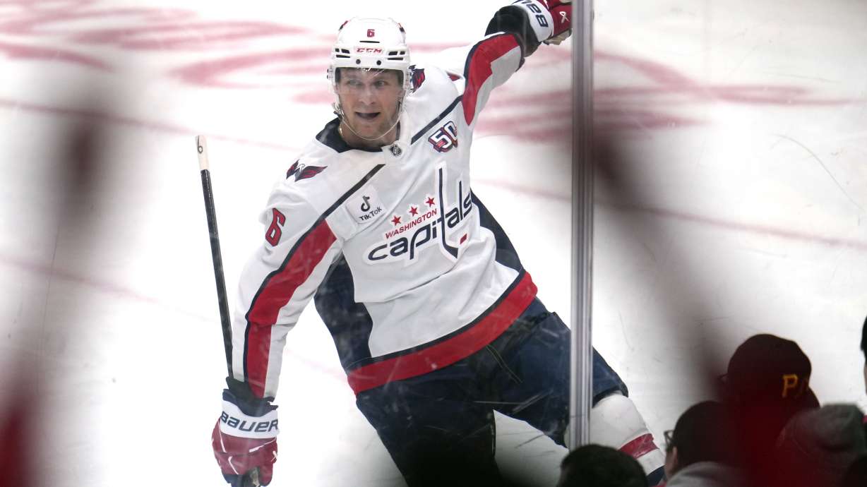 Washington Capitals' Jakob Chychrun (6) celebrates after scoring his first goal during the second period of an NHL hockey game against the Pittsburgh Penguins in Pittsburgh, Saturday, Feb. 22, 2025.