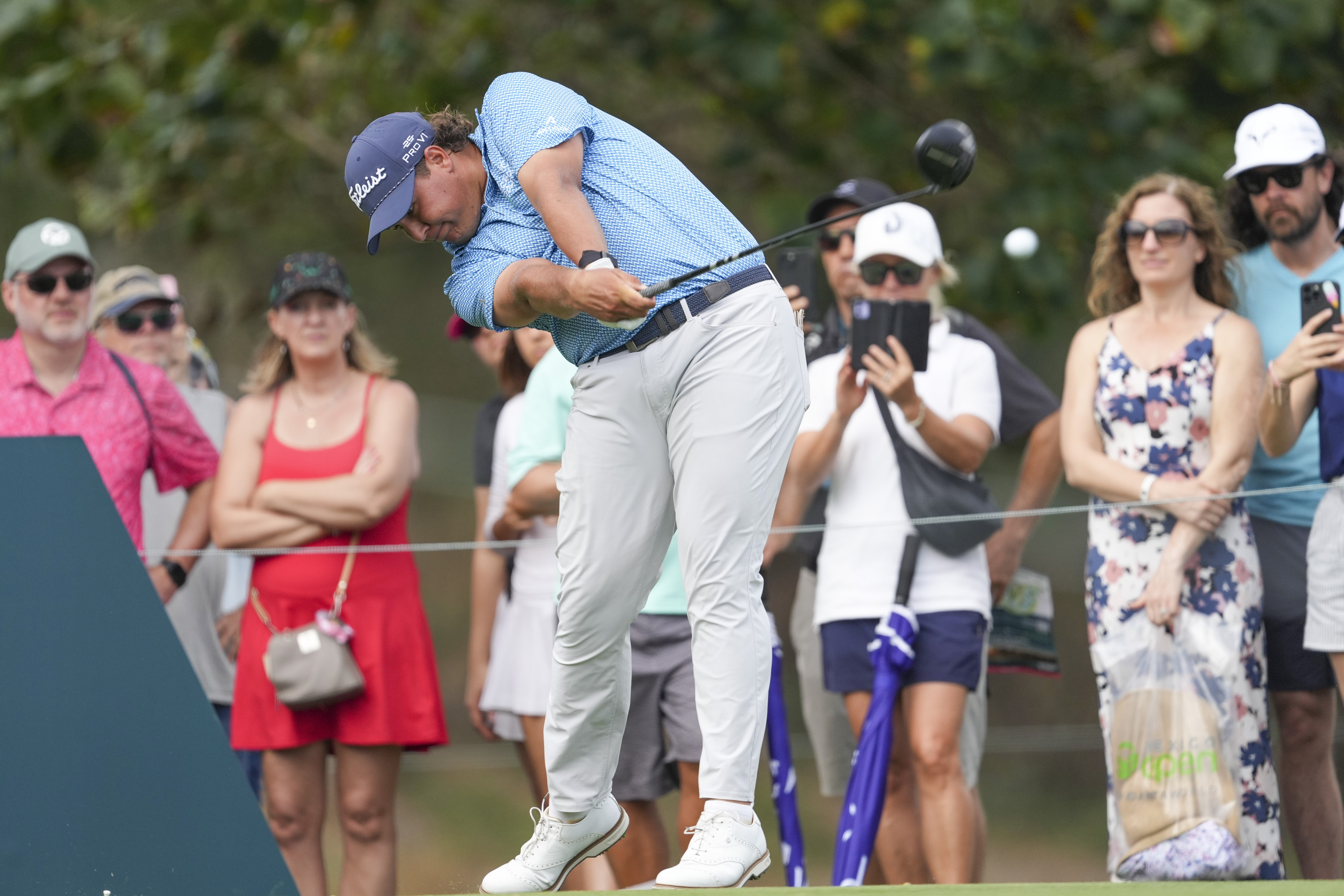 Aldrich Potgieter, of South Africa, tees off on the 14th hole during the third round of the Mexico Open golf tournament in Puerto Vallarta, Mexico, Saturday, Feb. 22, 2025. 