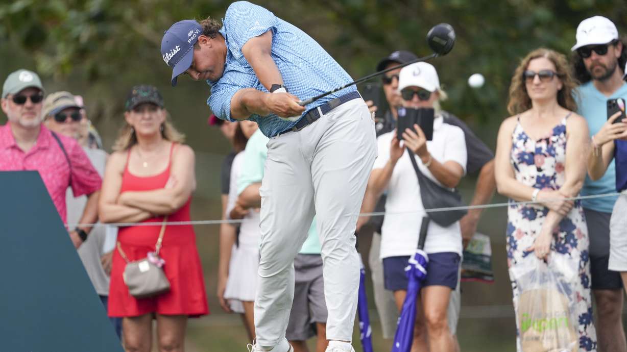 Aldrich Potgieter, of South Africa, tees off on the 14th hole during the third round of the Mexico Open golf tournament in Puerto Vallarta, Mexico, Saturday, Feb. 22, 2025.
