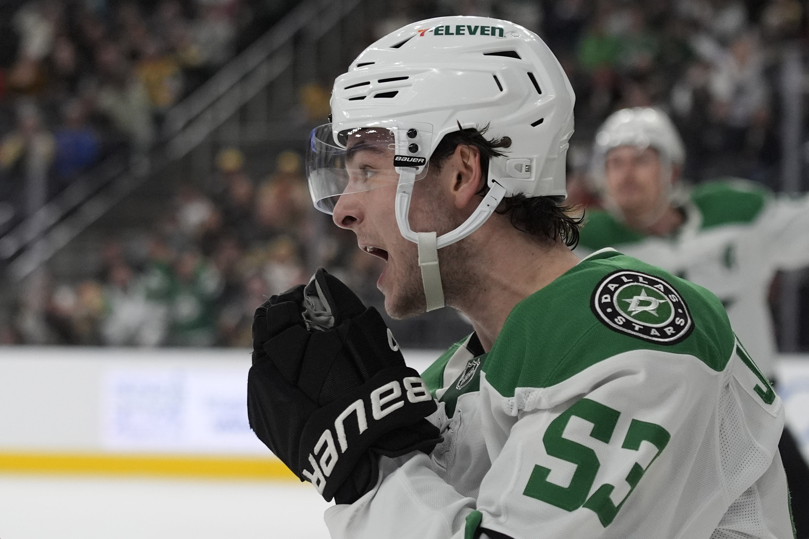 Dallas Stars center Wyatt Johnston (53) celebrates after scoring against the Vegas Golden Knights during the third period of an NHL hockey game Tuesday, Jan. 28, 2025, in Las Vegas. 