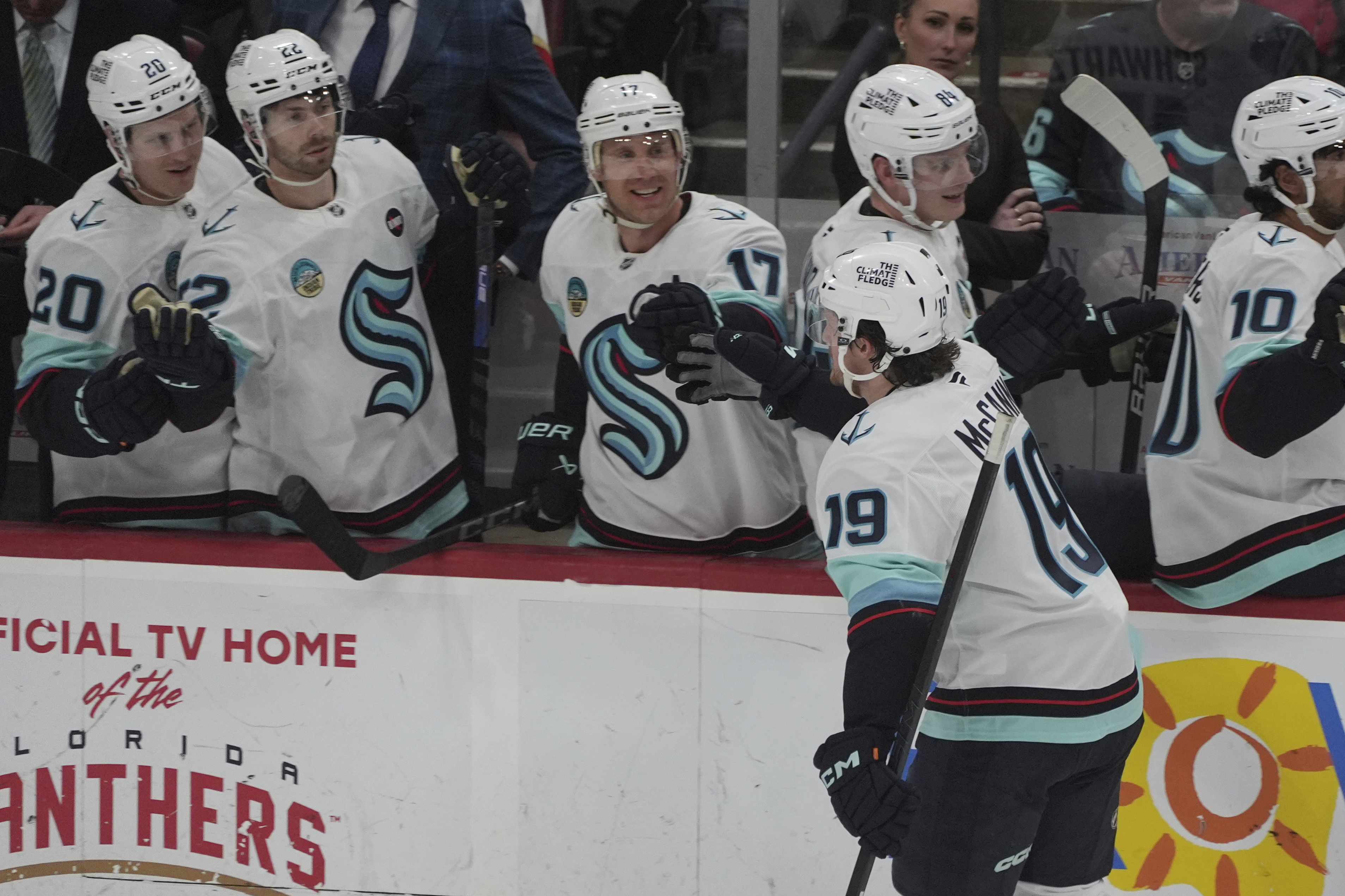 Seattle Kraken left wing Jared McCann (19), celebrates his goal during the third period of an NHL hockey game against the Florida Panthers, Saturday, Feb. 22, 2025, in Sunrise, Fla.